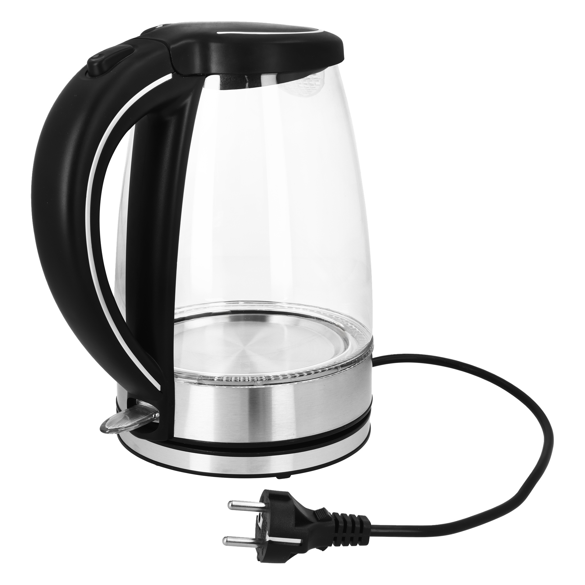 Ein durchsichtiger elektrischer Wasserkocher mit schwarzem Griff und Sockel, einem Boden aus rostfreiem Stahl und einem Netzkabel mit angeschlossenem zweipoligem Stecker. Der Wasserkocher ist auf einem weißen Hintergrund abgebildet.