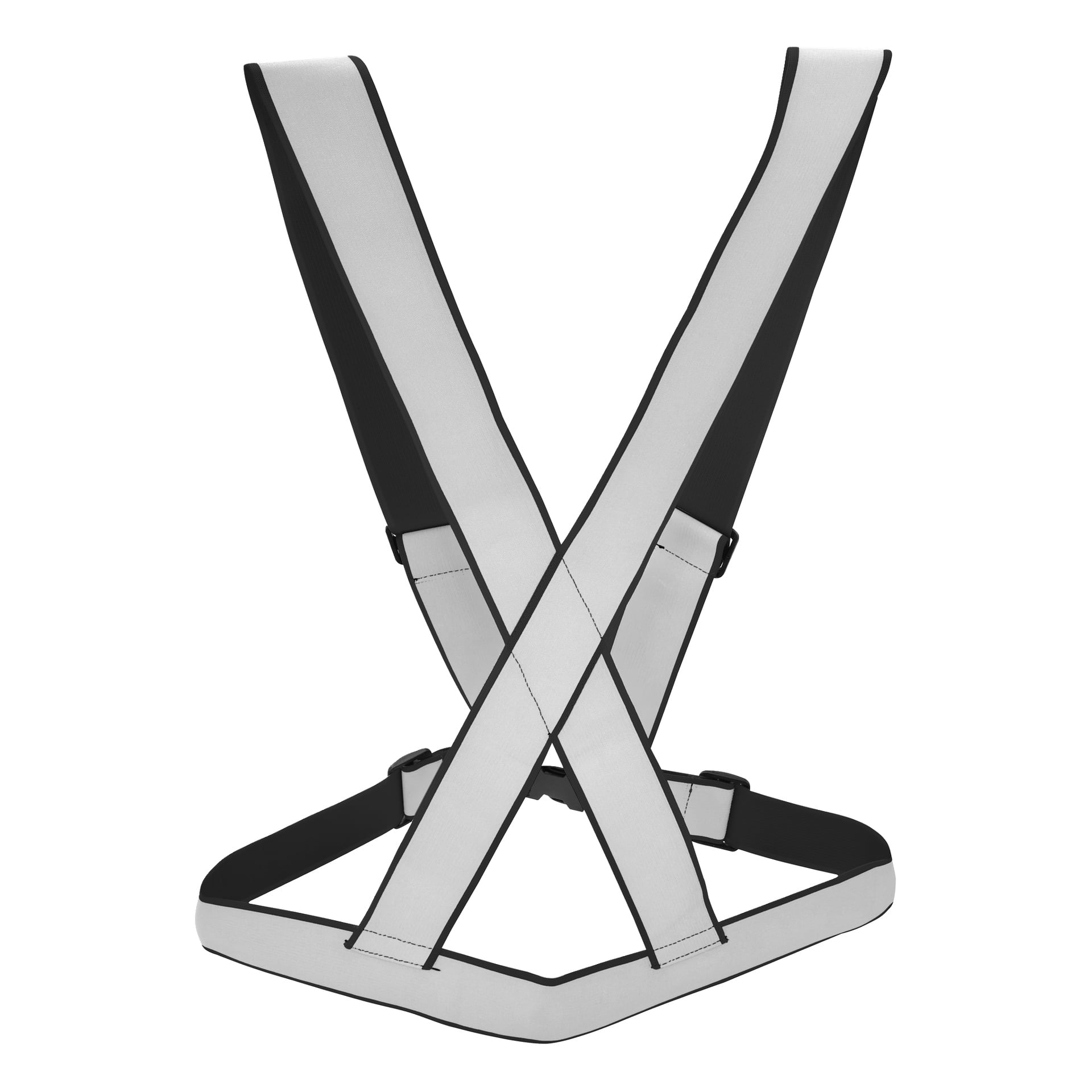 En reflekterande säkerhetssele med två breda, vita remmar som korsar varandra i en X-form framtill och ansluter till en horisontell rem nedtill, utformad för synlighet och buren över axlarna och runt midjan.