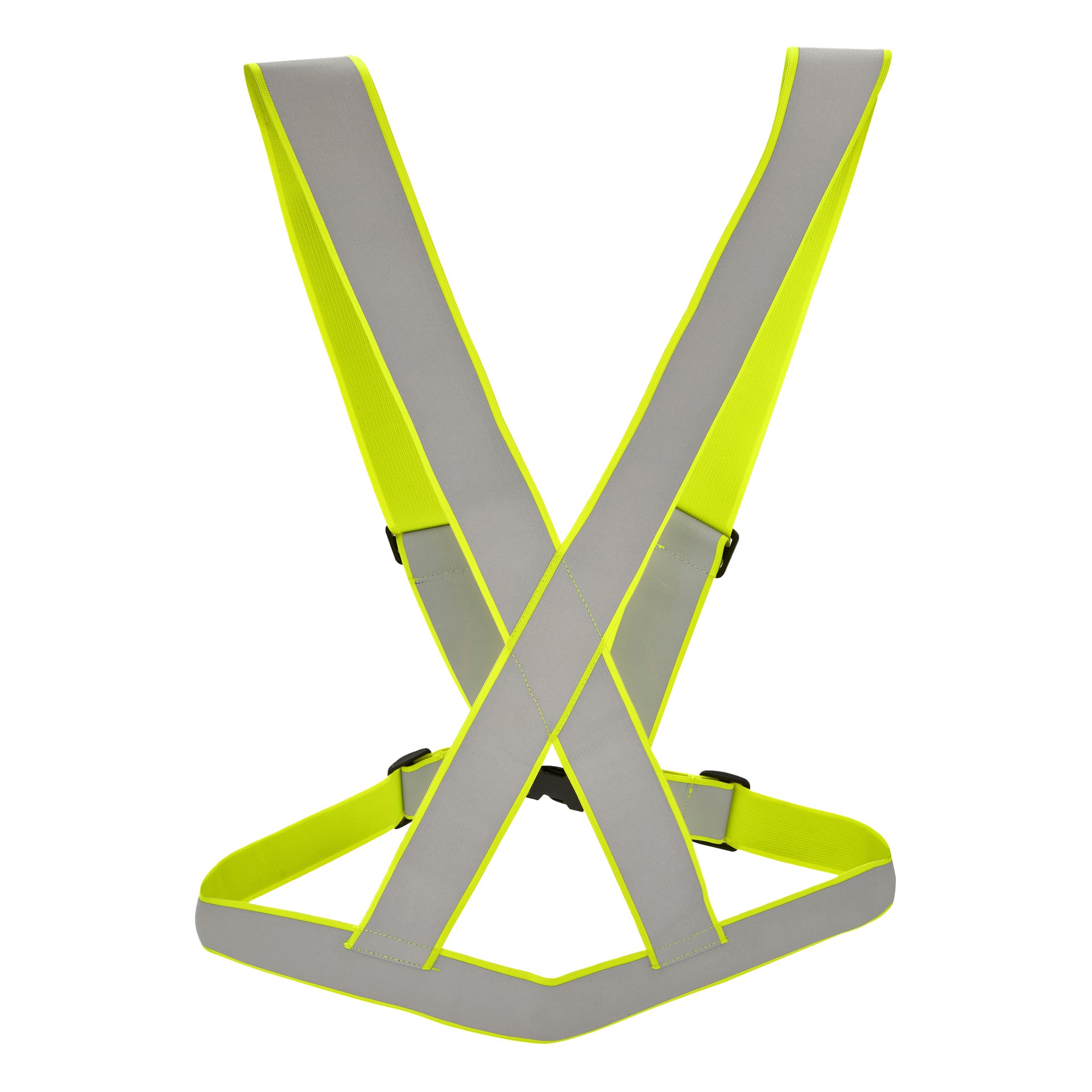 En reflekterande säkerhetssele med gula kanter och grå reflexband, utformad för att bäras över axlarna och runt midjan och bilda en X-form framtill.
