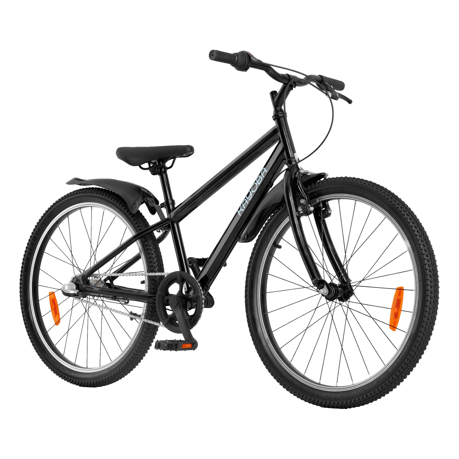 Svart mountainbike med rakt styre, stänkskärmar fram och bak, knobbdäck, reflexer på hjulen och enkelväxel, visad med vit bakgrund baktill.