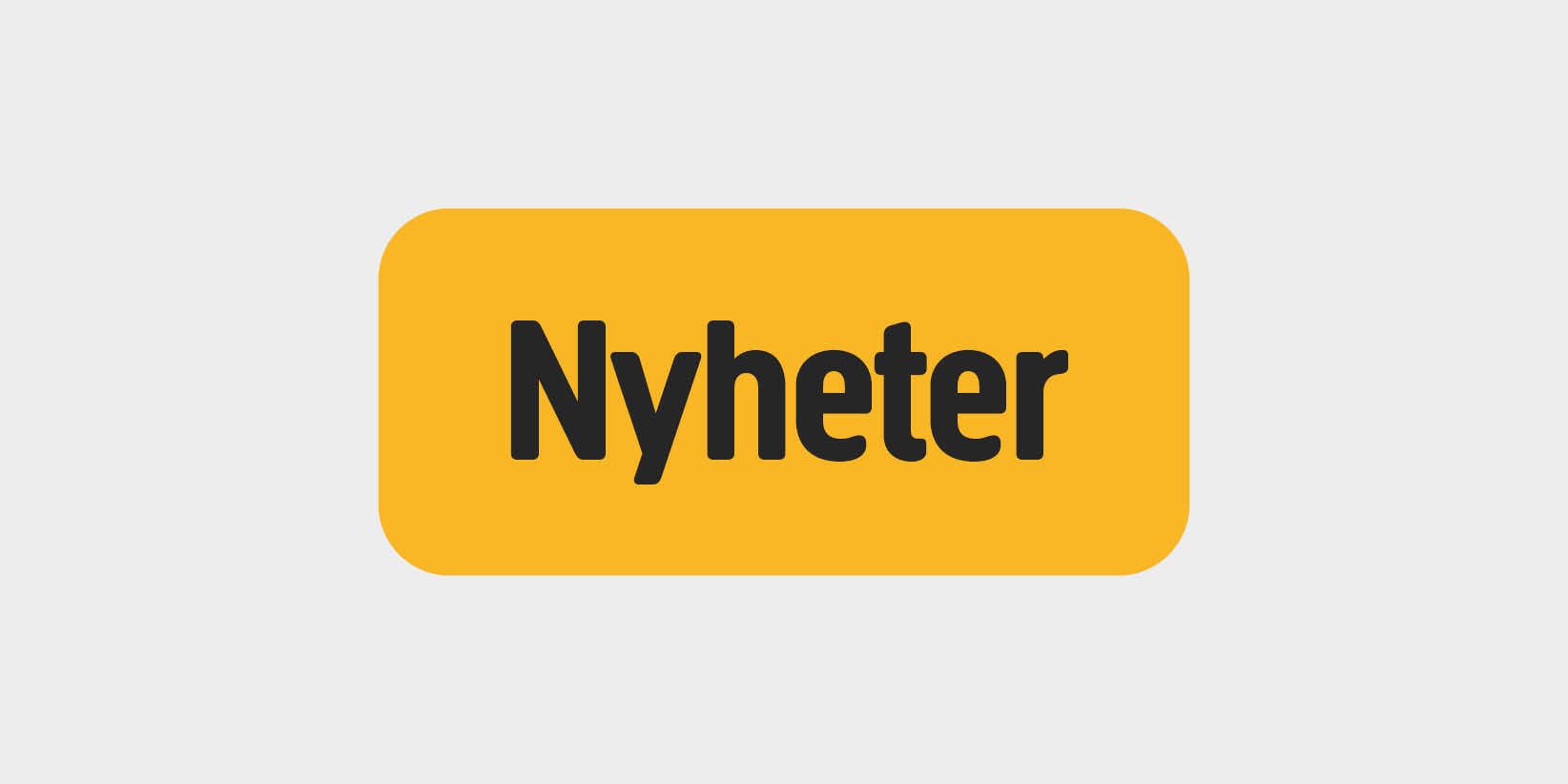 En gul rektangulär knapp med rundade hörn visar ordet Nyheter i fet svart text på en ljusgrå bakgrund.
