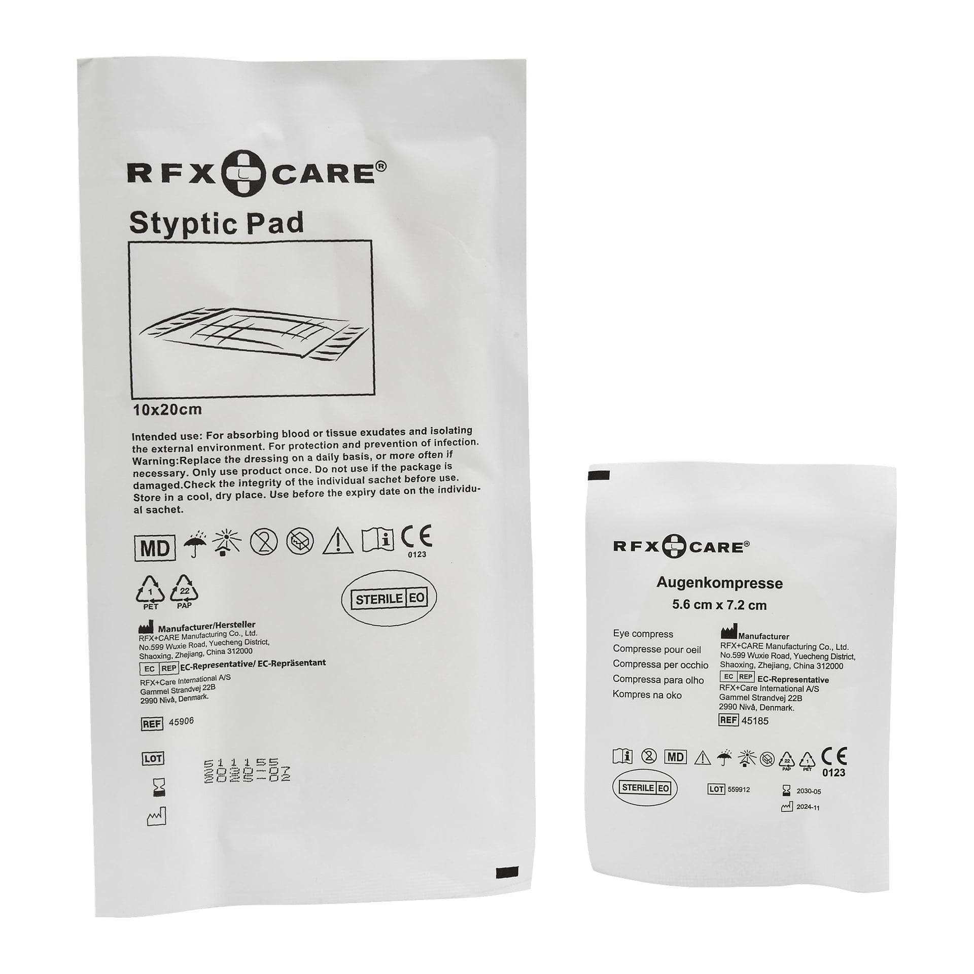 To medisinske pakninger vises: en stor hvit pakning merket RFX+Care Styptic Pad (10x20 cm) og en mindre hvit pakning merket RFX+Care Eye Compress (5,6x7,2 cm), begge med produktinformasjon og ikoner.