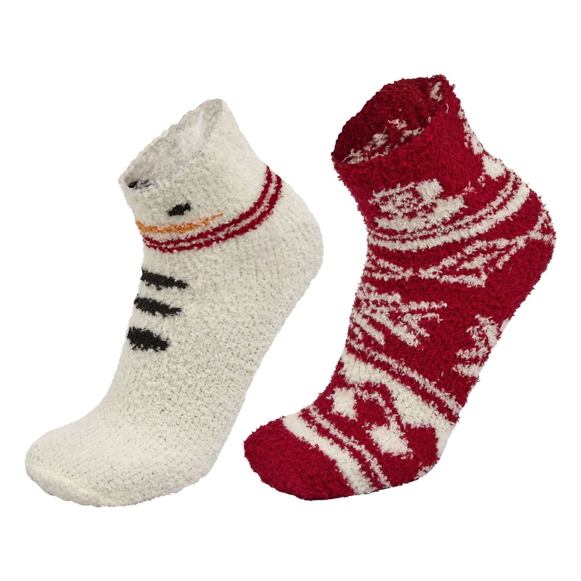"Bluewear Socks 2 par" innehåller två mysiga, vinterinspirerade fotledsstrumpor. Den ena har en vit design med snögubbeansikte och ränder, och den andra är röd med ett vitt snöflingemönster. Båda är gjorda av mjukt, texturerat tyg för komfort.