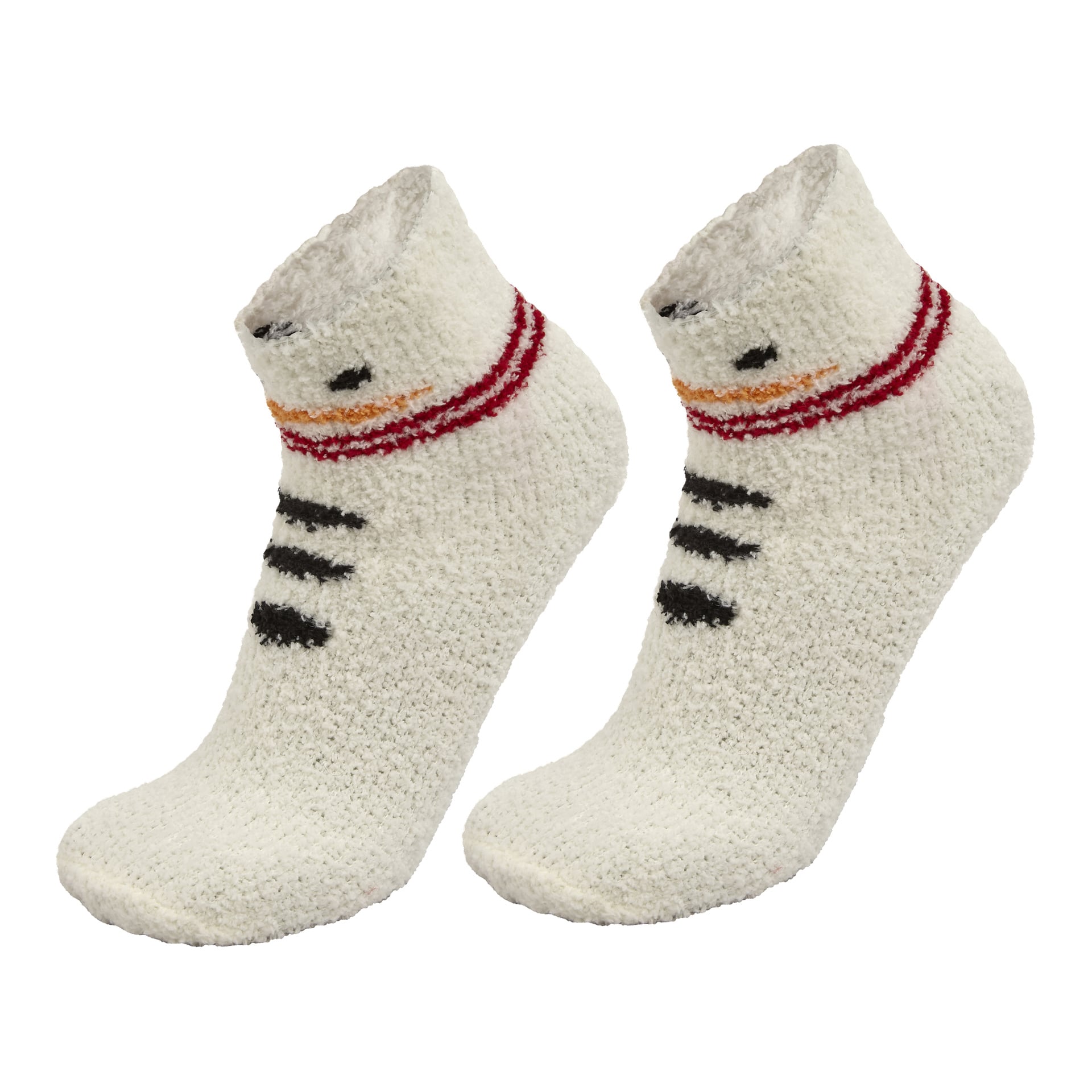 Ett par Bluewear ankelstrumpor från 'Socks 2 pairs'-serien, designade med en luddig vit bas, svarta knappformade ränder, två röda ränder och en orange rand upptill för att se ut som en snögubbes ansikte. Strumporna beskrivs som mjuka och mysiga.