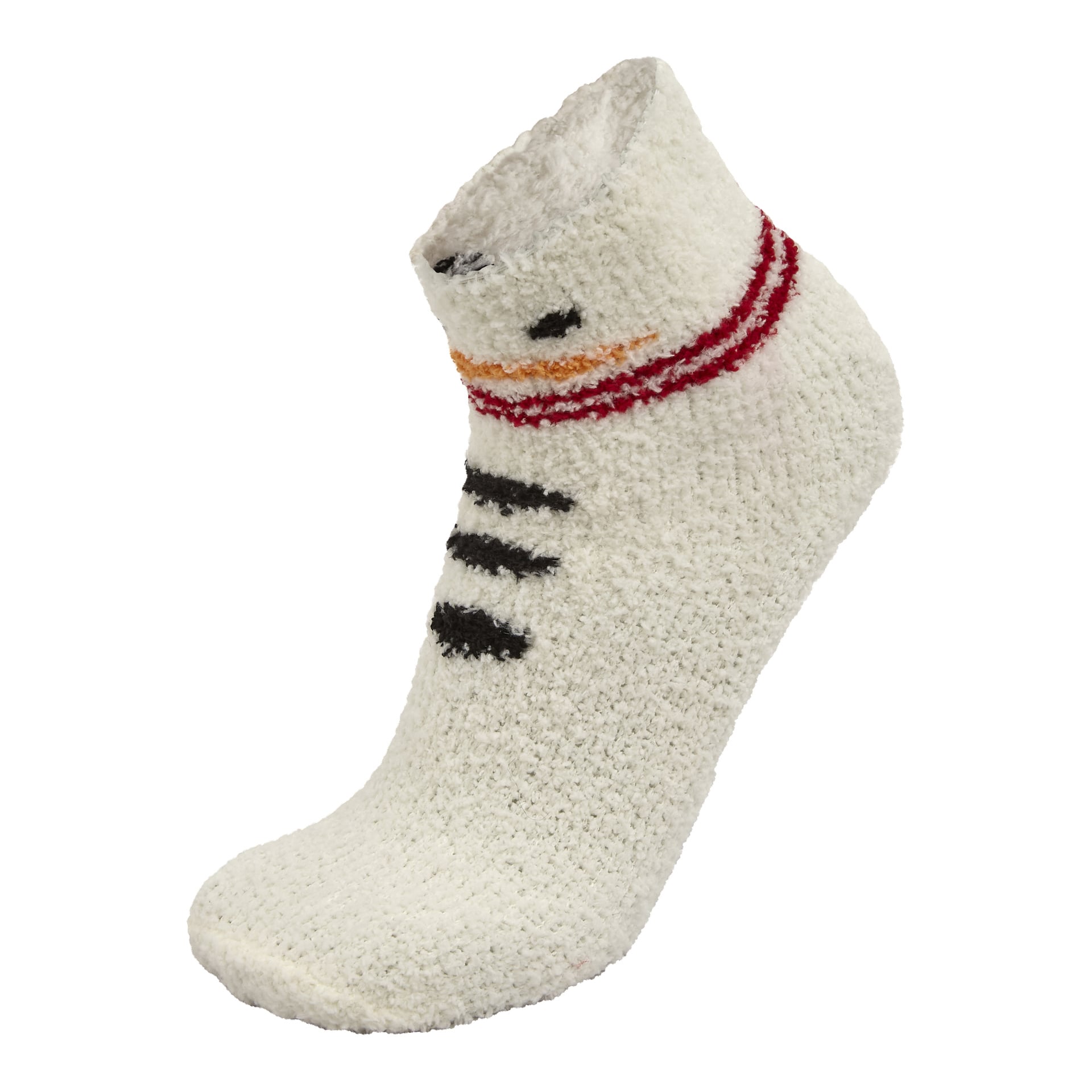 En enda strumpa från "Socks 2 pairs"-paketet från Bluewear, gjord av fluffigt vitt tyg med röda och gula ränder nära vristen och tre svarta horisontella linjer ovanpå.