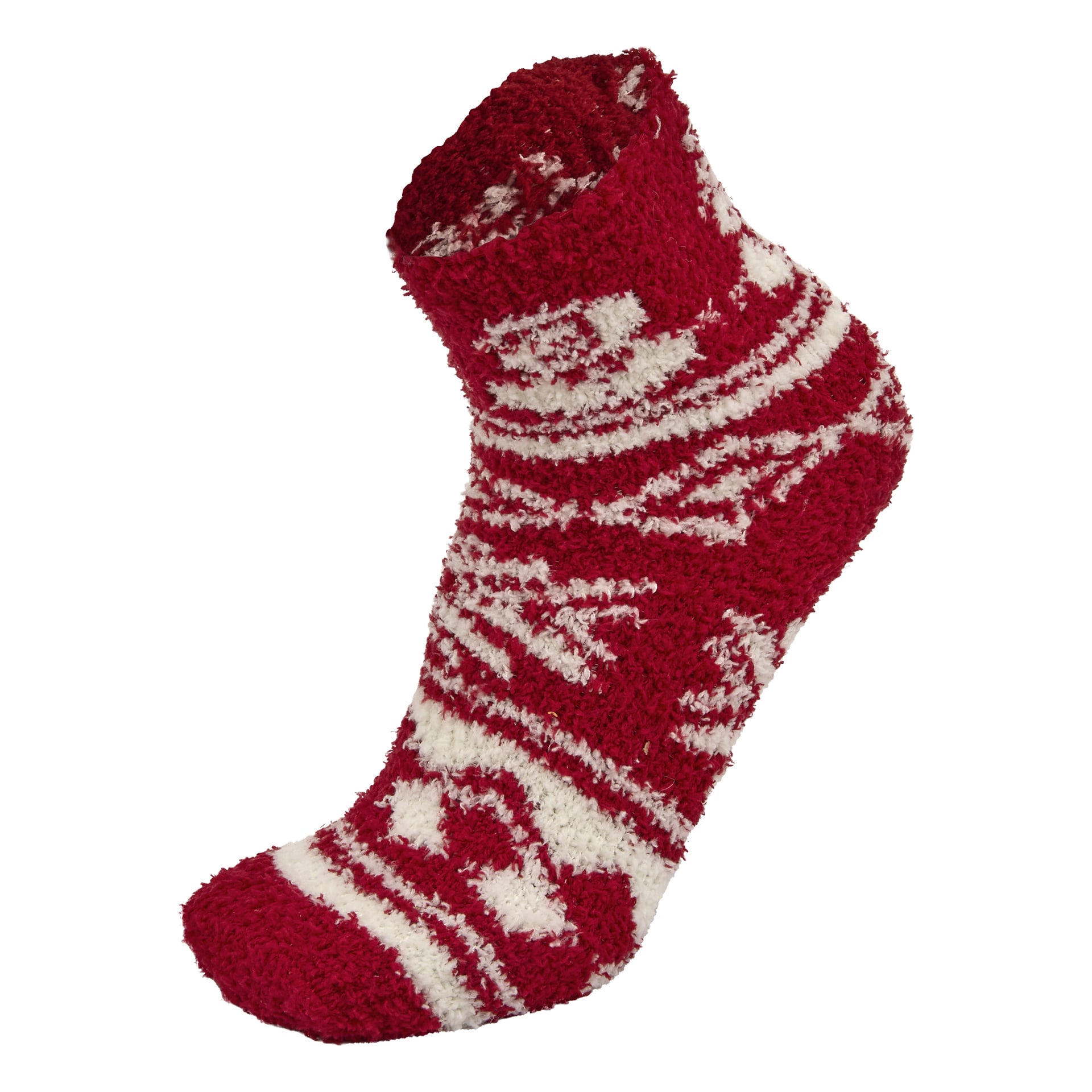 Ett par mysiga Bluewear Socks, sålda i paket om två, visas i rött och vitt med ett vintermönster av snöflingor och geometriska mönster. Strumporna visas i en vinkel.