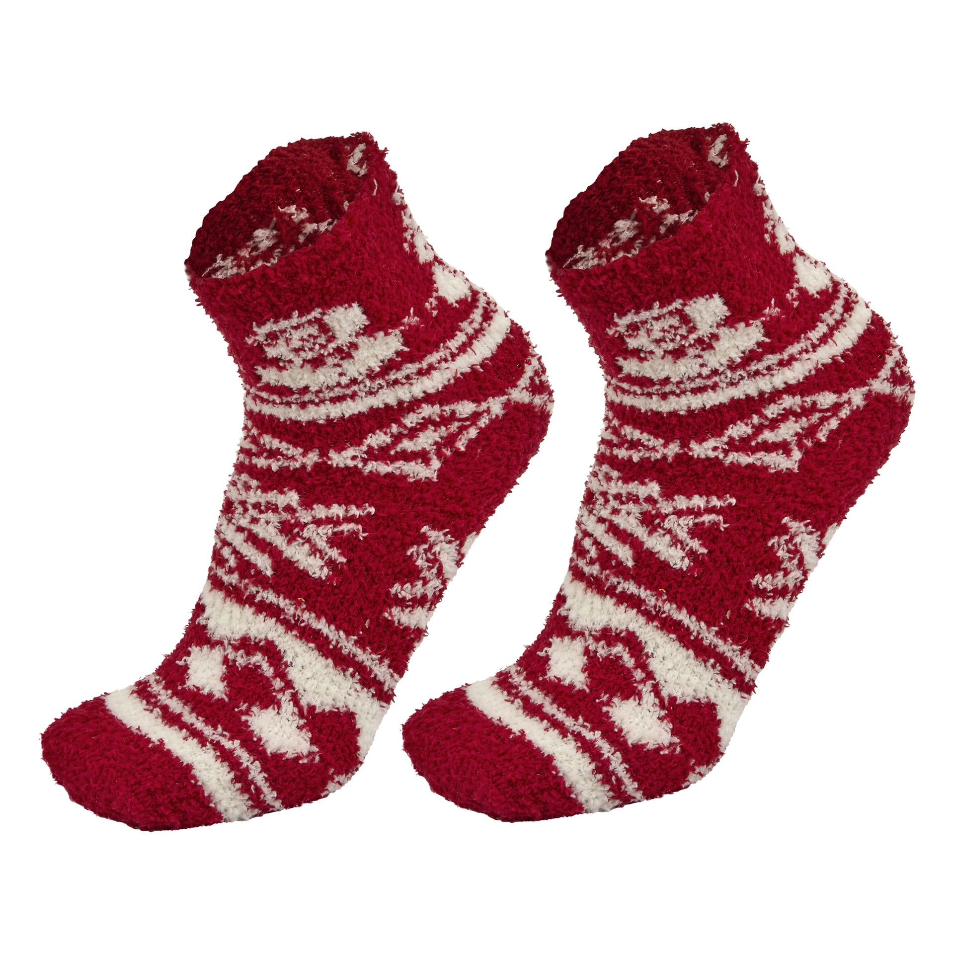 En strumpa från Bluewear Socks 2-pack, gjord av mjukt rött och vitt tyg med en snöflingedesign som påminner om vintern.