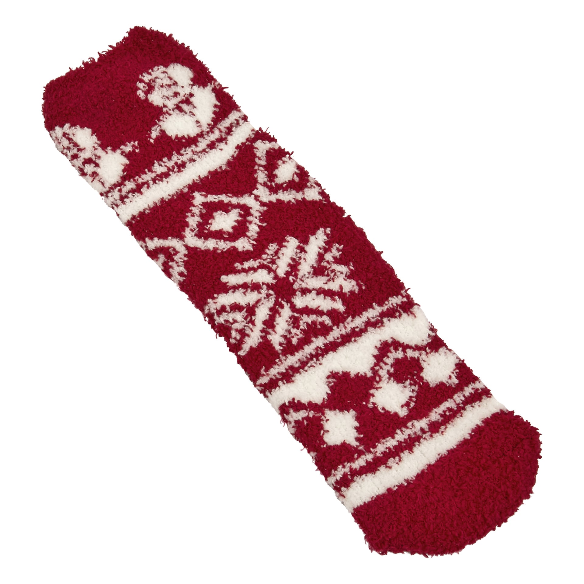 Två par fluzzy röda strumpor har vita vintermönster, som snöflingor och hjärtan. Förpackningen lyder "Bluewear Socks 2 par".