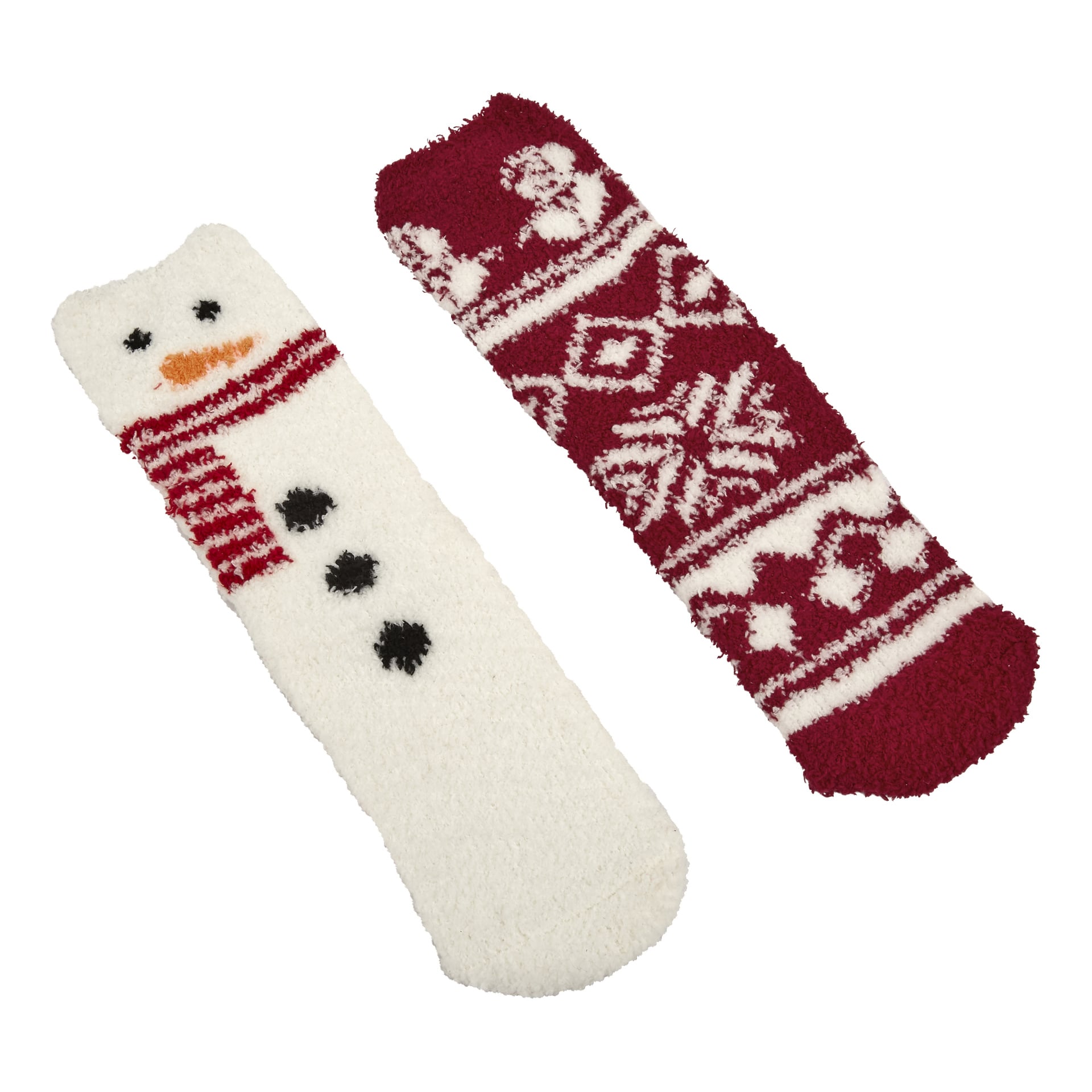 Set med två fluffiga knähöga strumpor från Bluewear (2 par): ett vitt par med en söt snögubbe med ansikte, knappar och halsduk; det andra rött med vita snöflingor och festliga mönster. Båda är gjorda av mjukt, mysigt material.