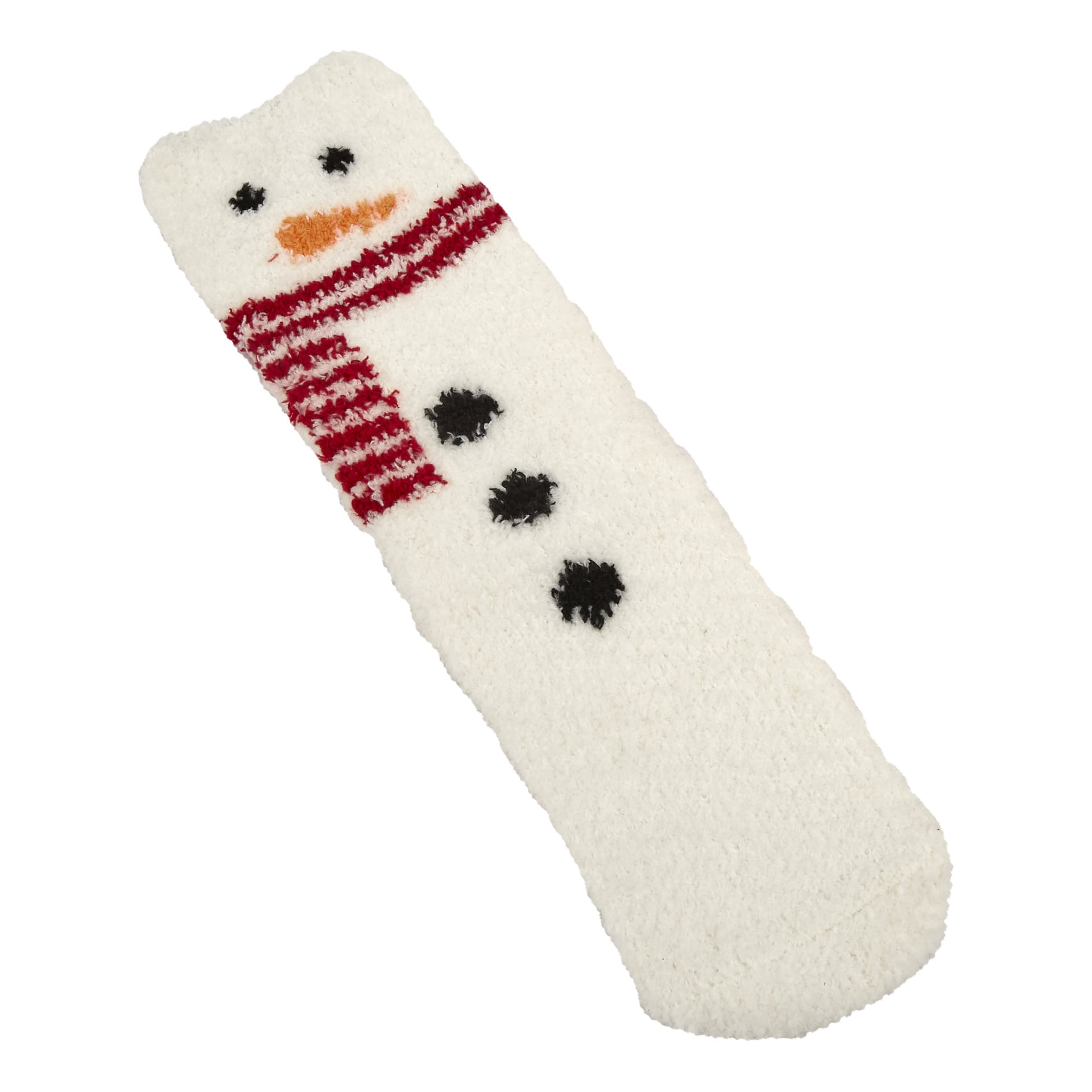 Ett par långa, vita, fluffiga Bluewear-strumpor från "Socks 2 pairs"-setet som ser ut som en snögubbe, med svarta ögon och knappar, en orange morotsnäsa och en rödrandig halsduk nära toppen.