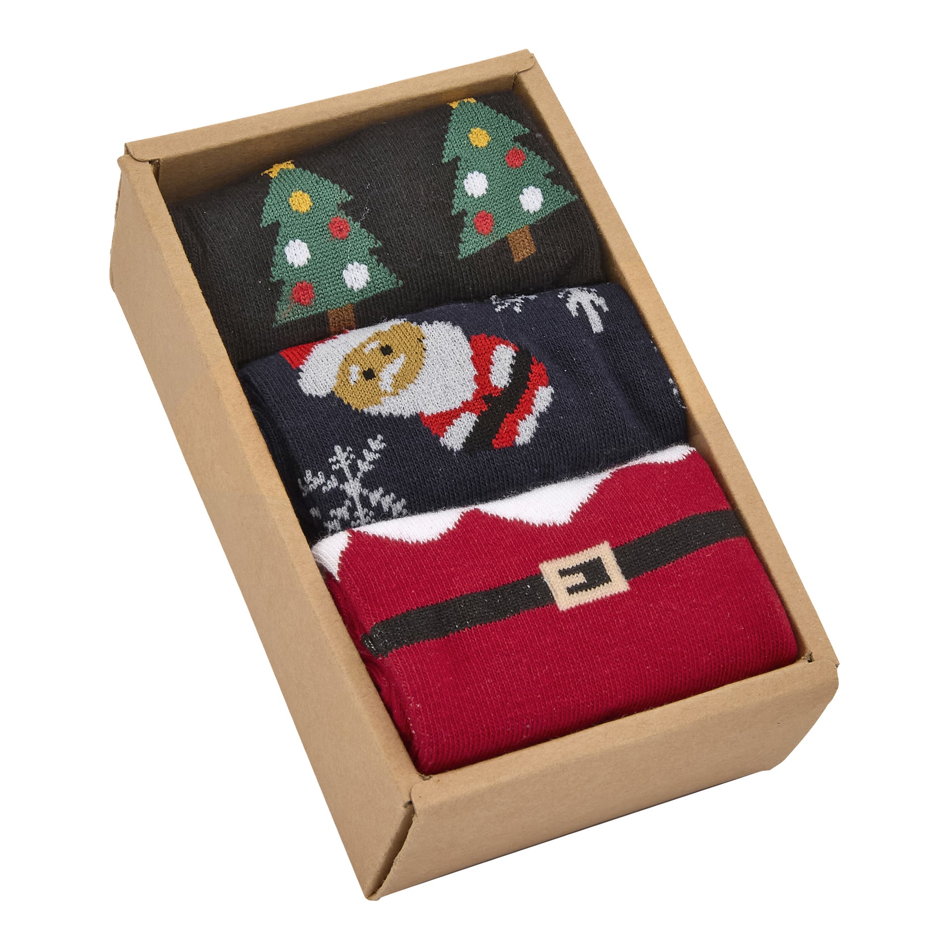 I en kartong finns tre par vikta strumpor med julmotiv: ett med julgranar, ett med jultomten och snöflingor och ett som liknar jultomtens röda dräkt med svart bälte.