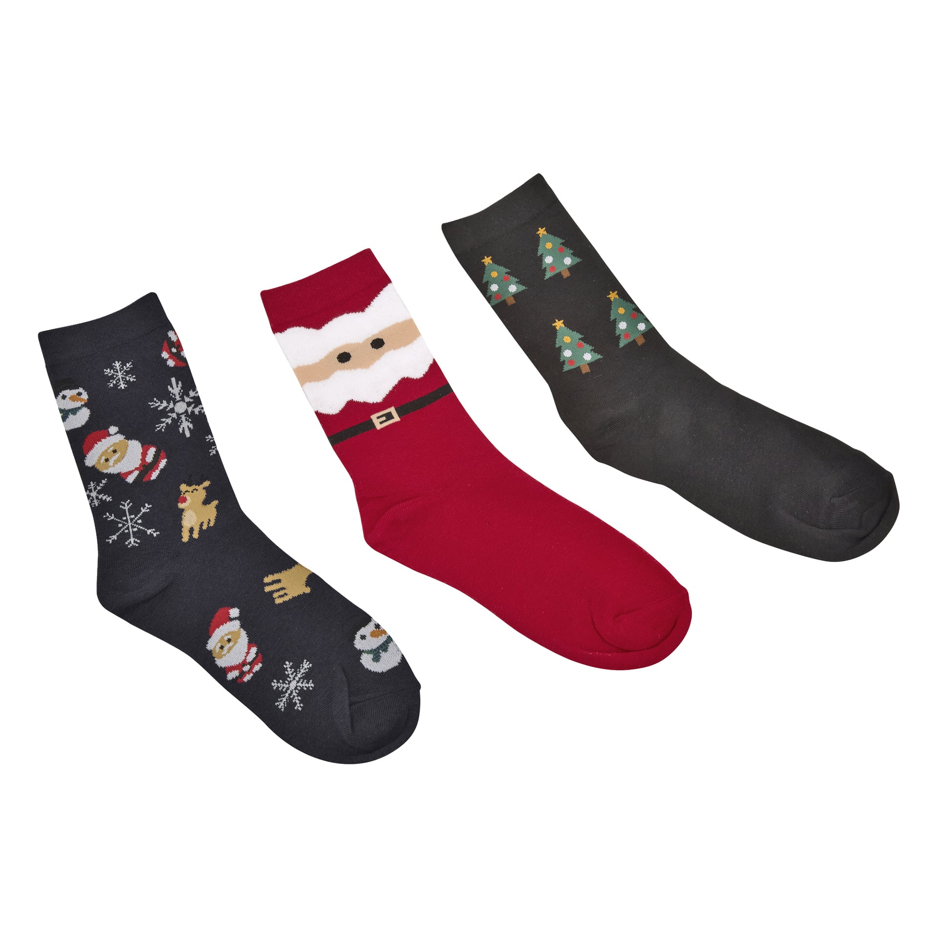 Tre par strumpor: ett svart med tomten, renar, snöflingor och snögubbar, ett rött med tomtedräkt och ett svart med tre julgransmönster.