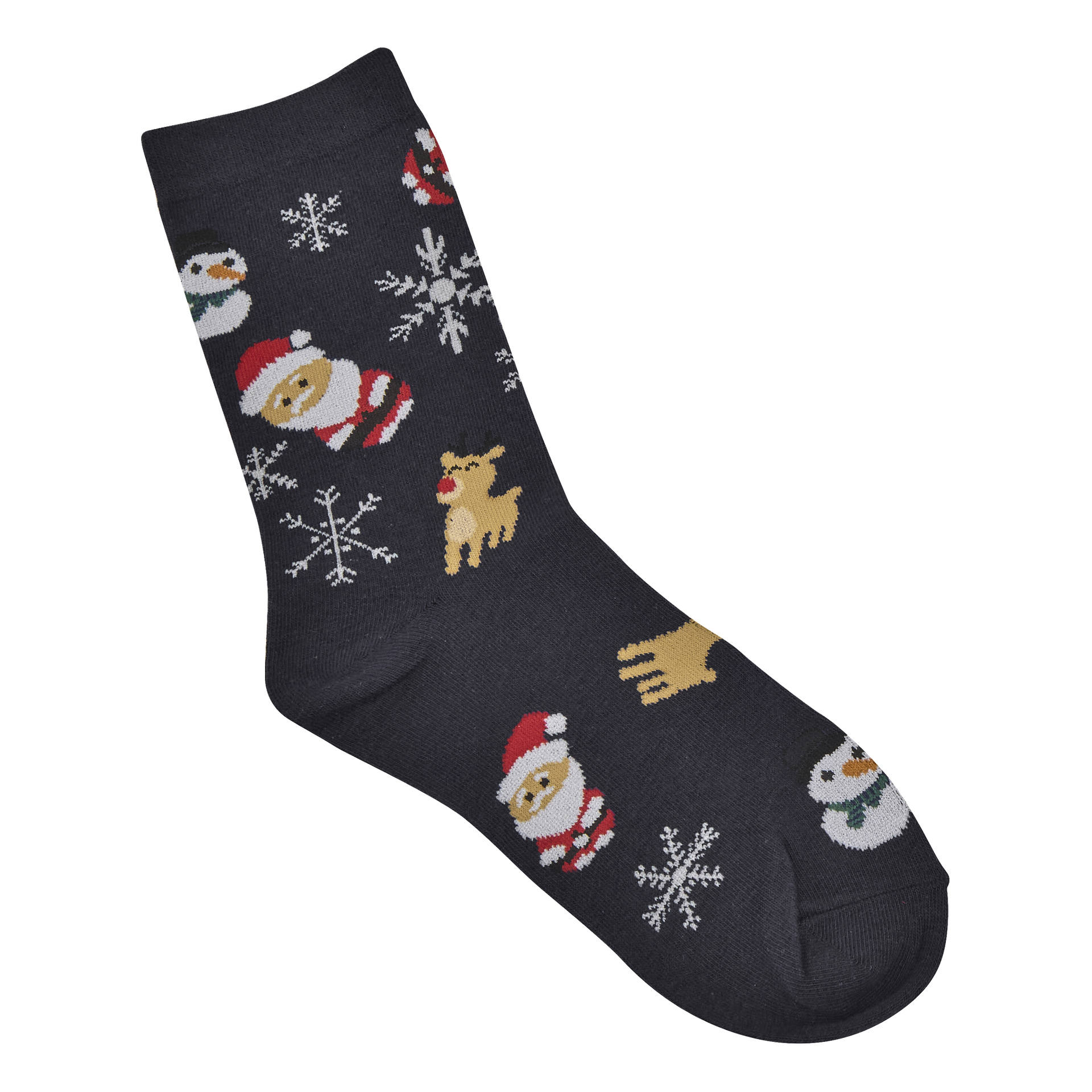 En svart strumpa med mönster av jultomten, renar, snöflingor och snögubbar i rött, vitt, guld och grönt.