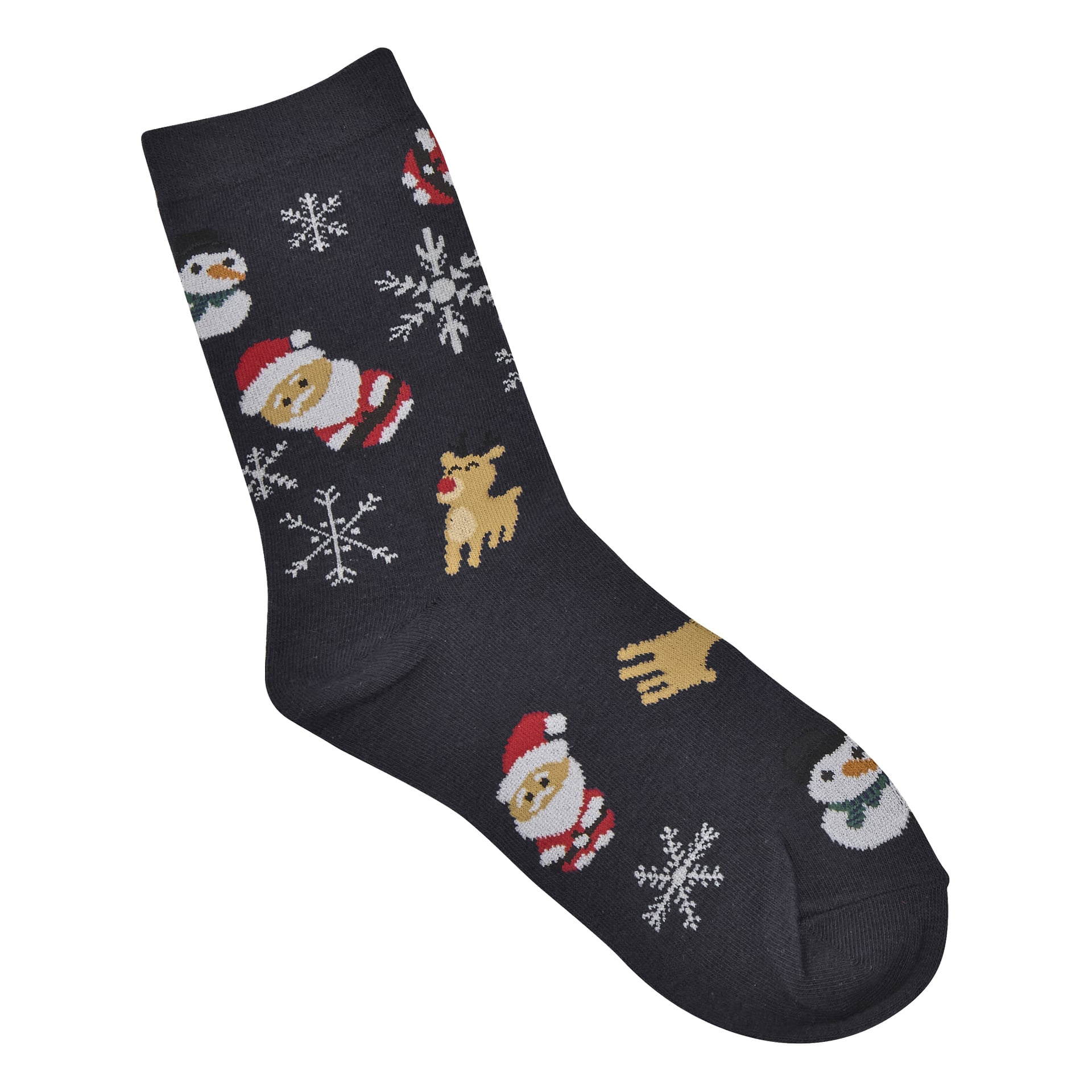 En svart strumpa med mönster av jultomten, renar, snöflingor och snögubbar i rött, vitt, guld och grönt.