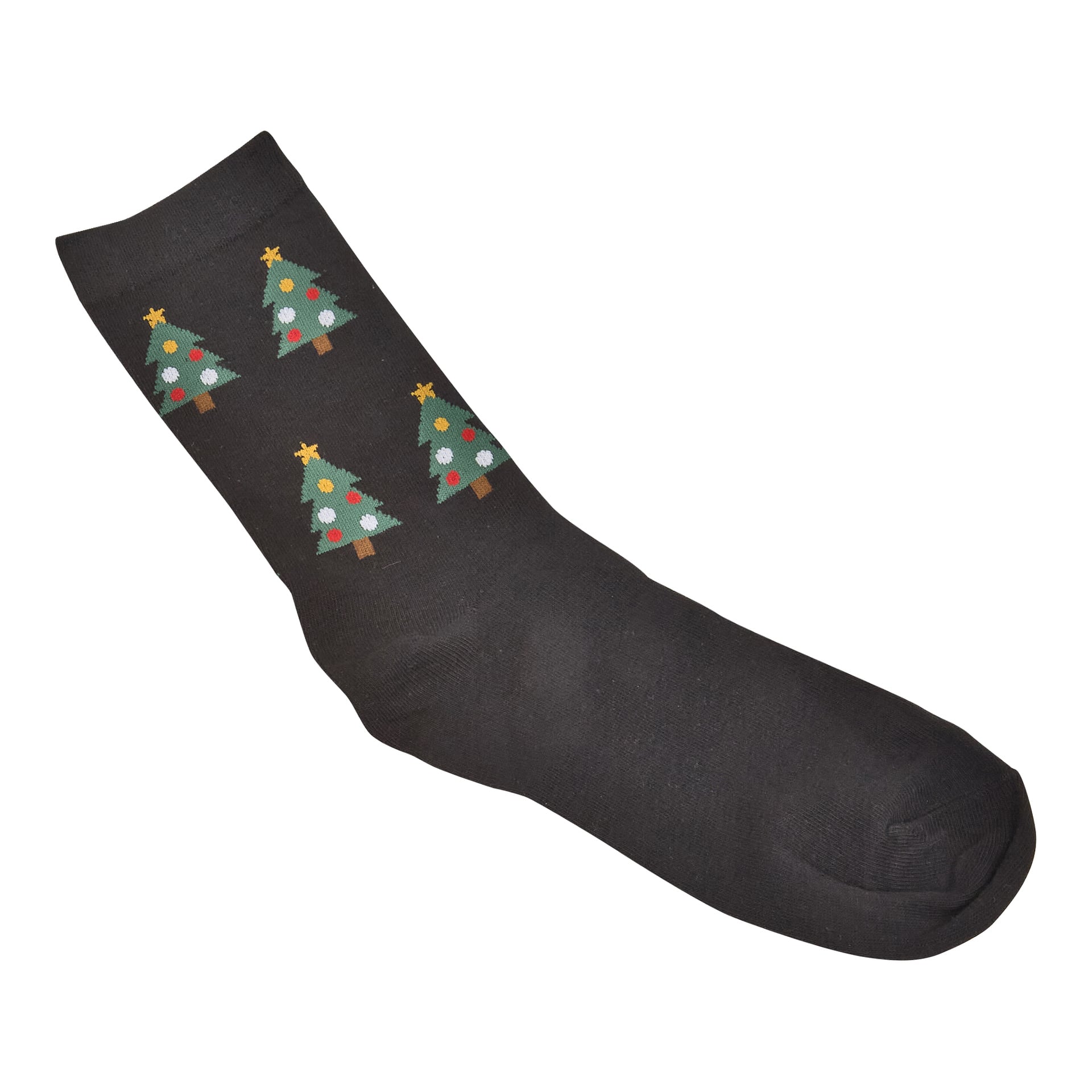 Tre par Bluewear-julstrumpor: svarta med gröna julgranar, dekorerade med prydnader och toppade med gula stjärnor.
