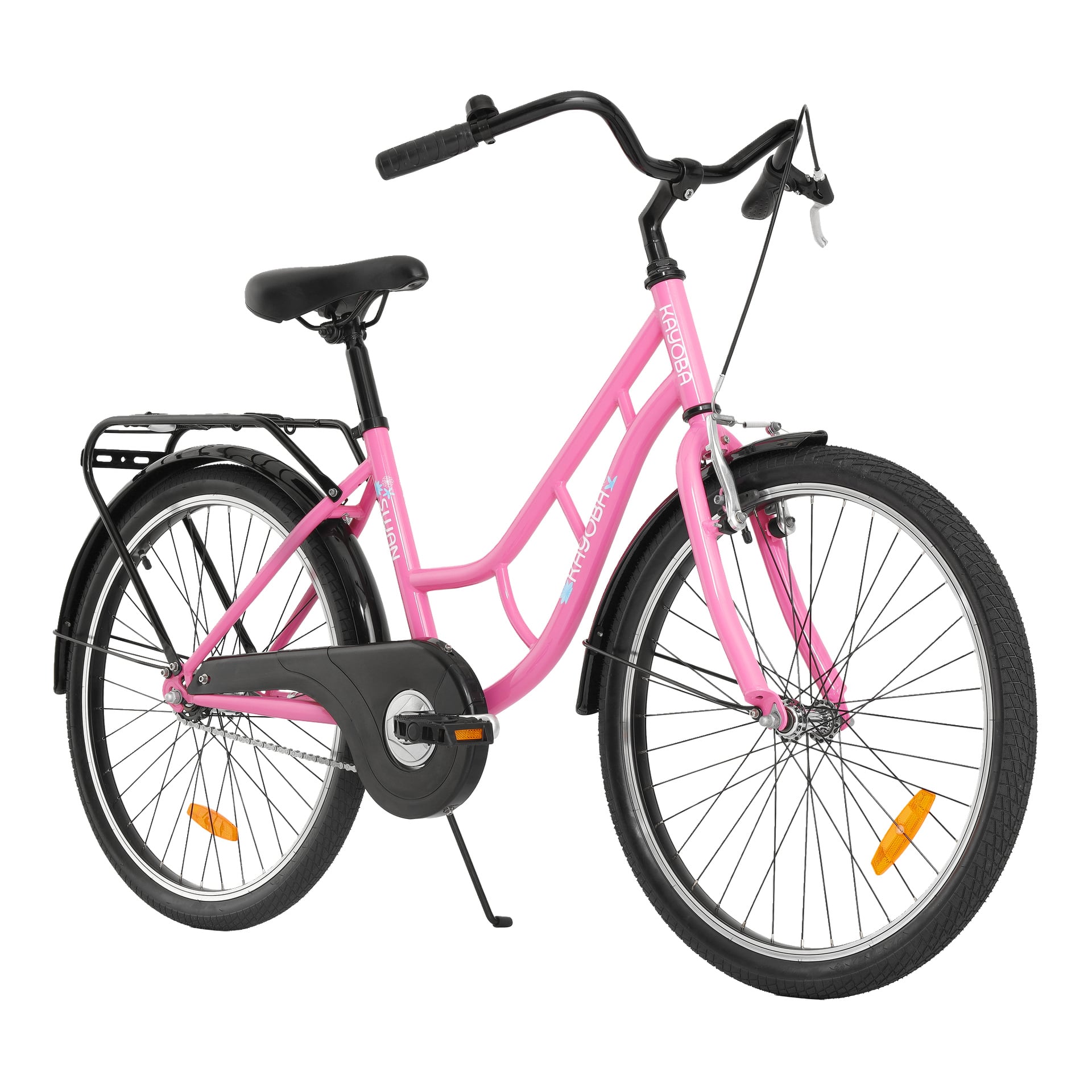 Kayoba barncykel i rosa med step-through-ram, svart sadel och skärmar, bakre pakethållare och fram-/bakreflektorer.