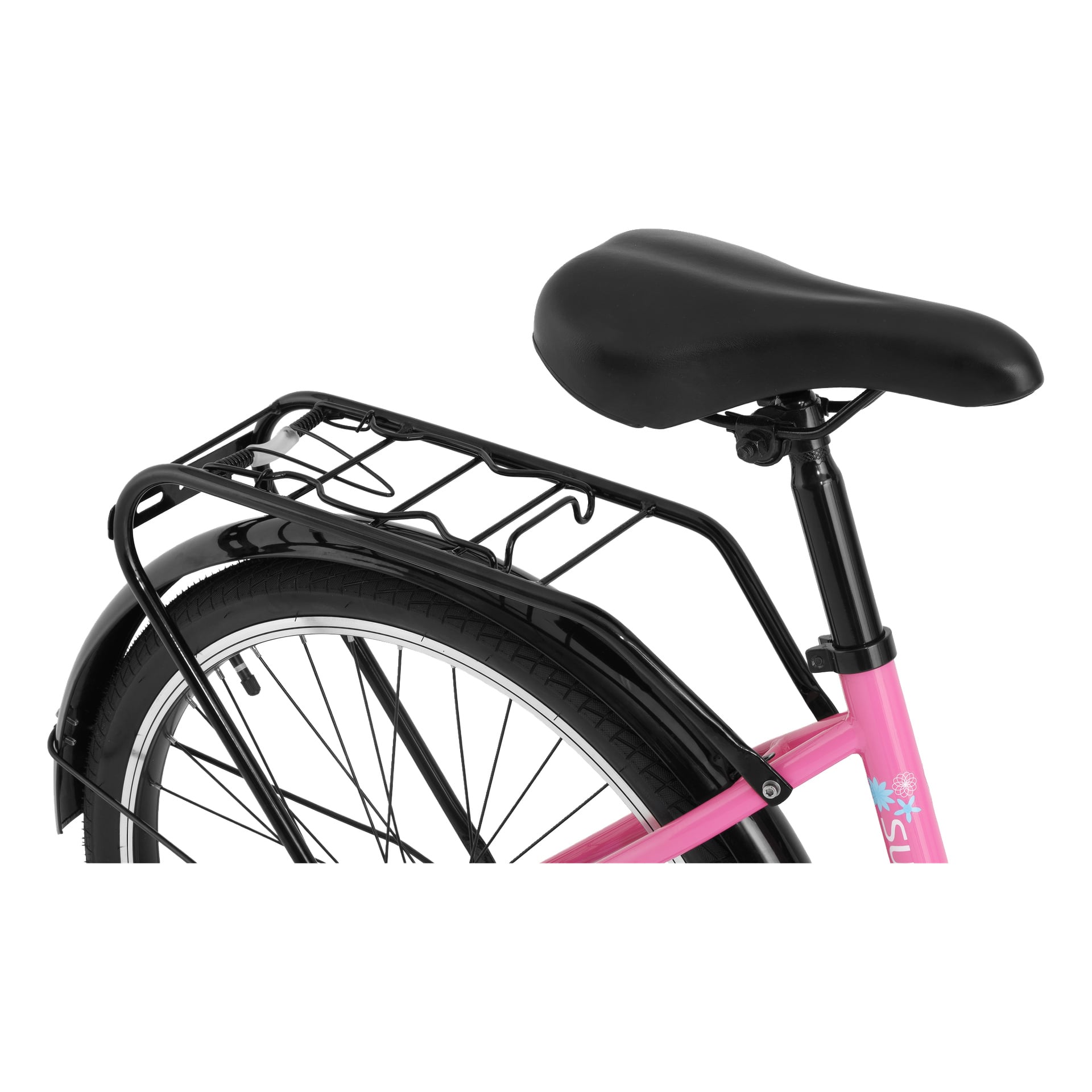 Detaljerad vy av en Kayoba barncykel som visar dess svarta bakre pakethållare, skärm och sadel på en rosa ram med bakhjulet i sikte.