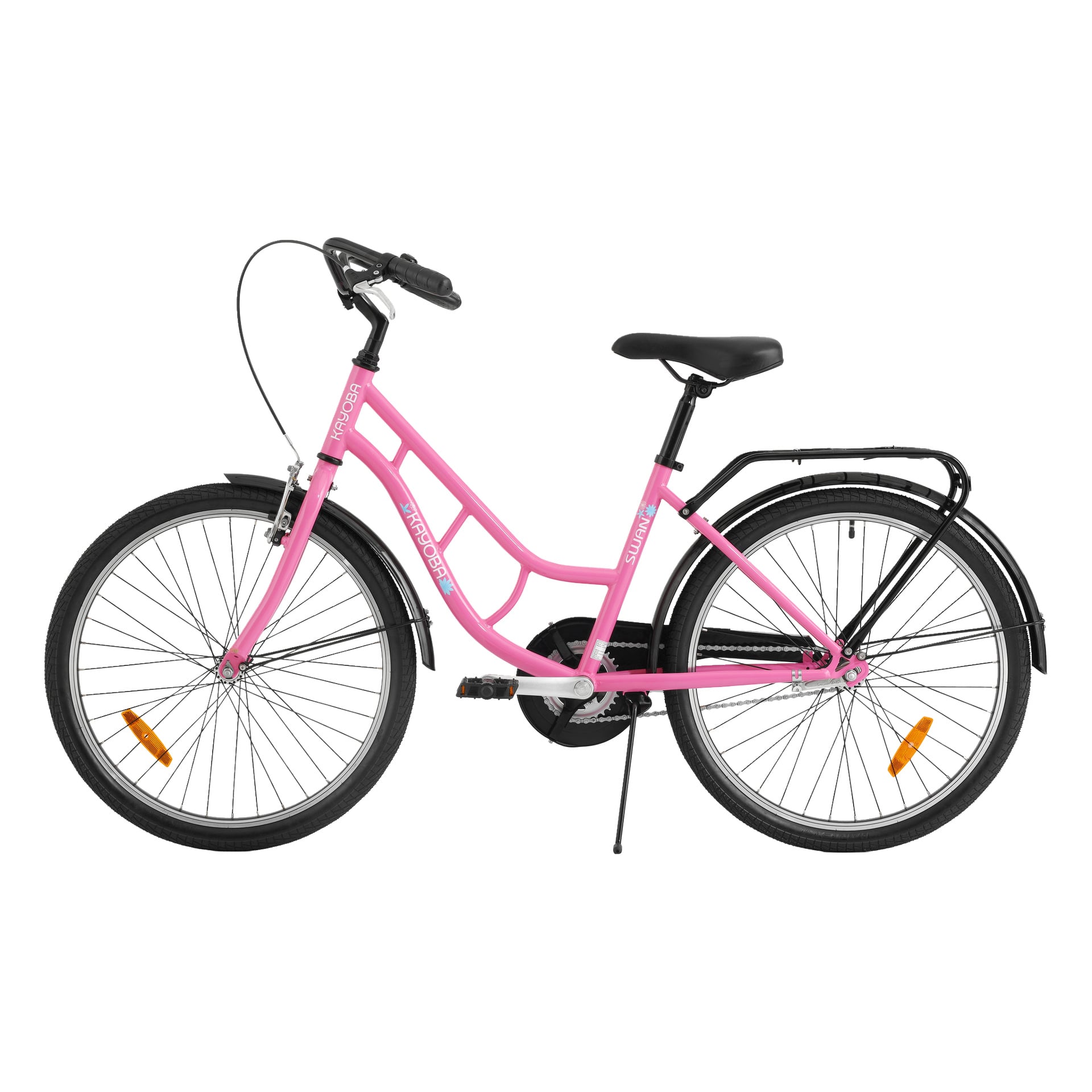 Kayoba Children's bike har en rosa step-through-ram, svarta styren och sadeln, fram- och bakskärmar, bakre pakethållare och hjulreflektorer.