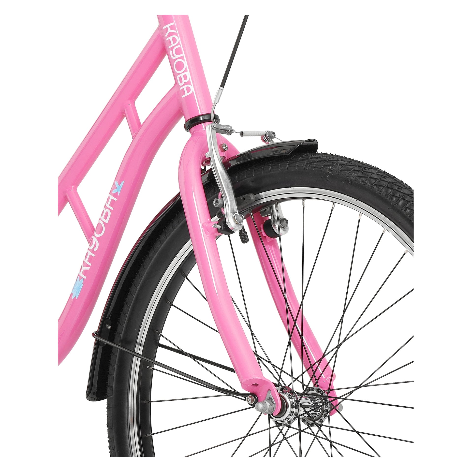 Detaljerad vy av framhjulet och gaffeln på en rosa Kayoba barncykel, med däck, skärm, bromsar och märkt ram.
