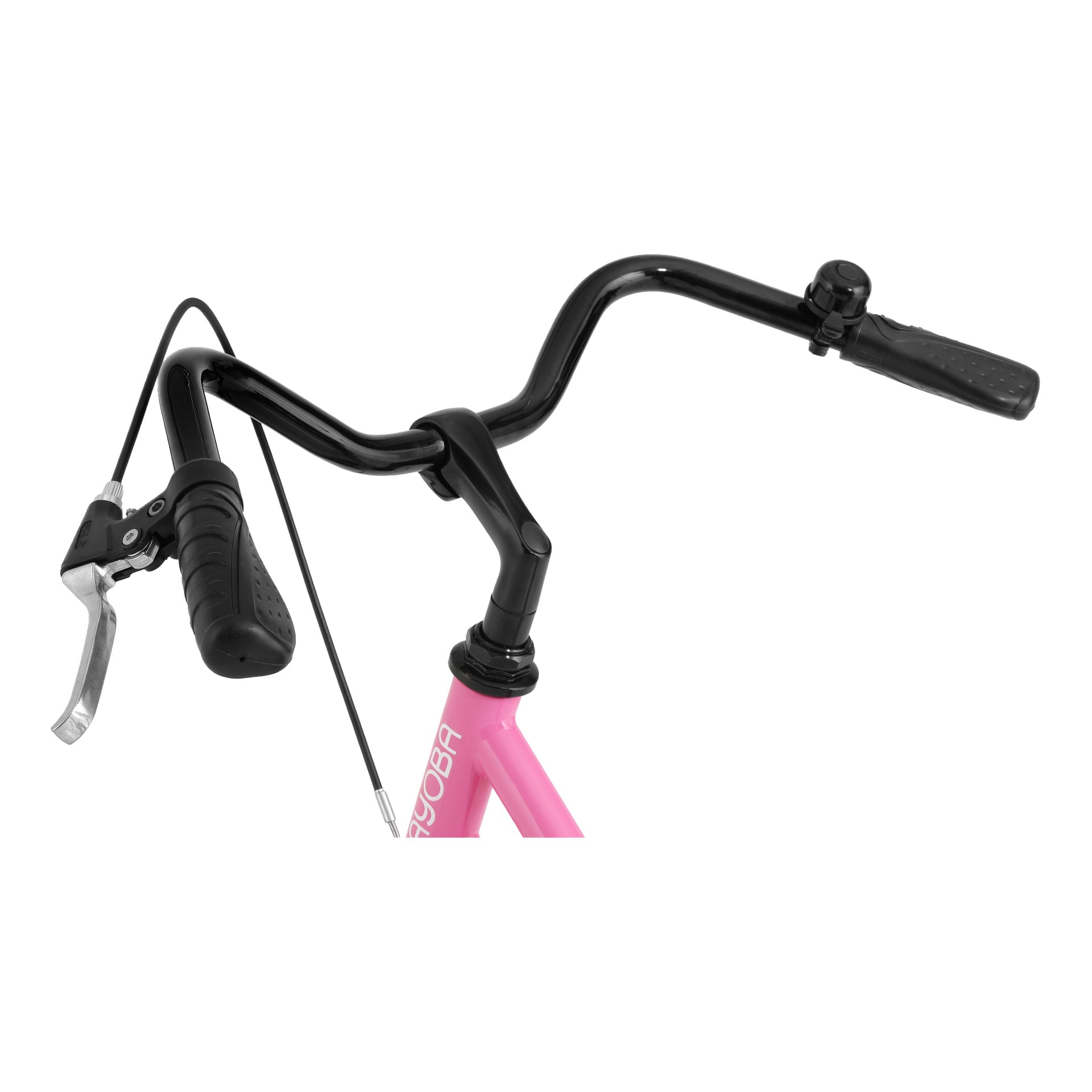 Detaljerad vy av svarta styren med gummigrepp och bromsspak på en rosa Kayoba barncykel.