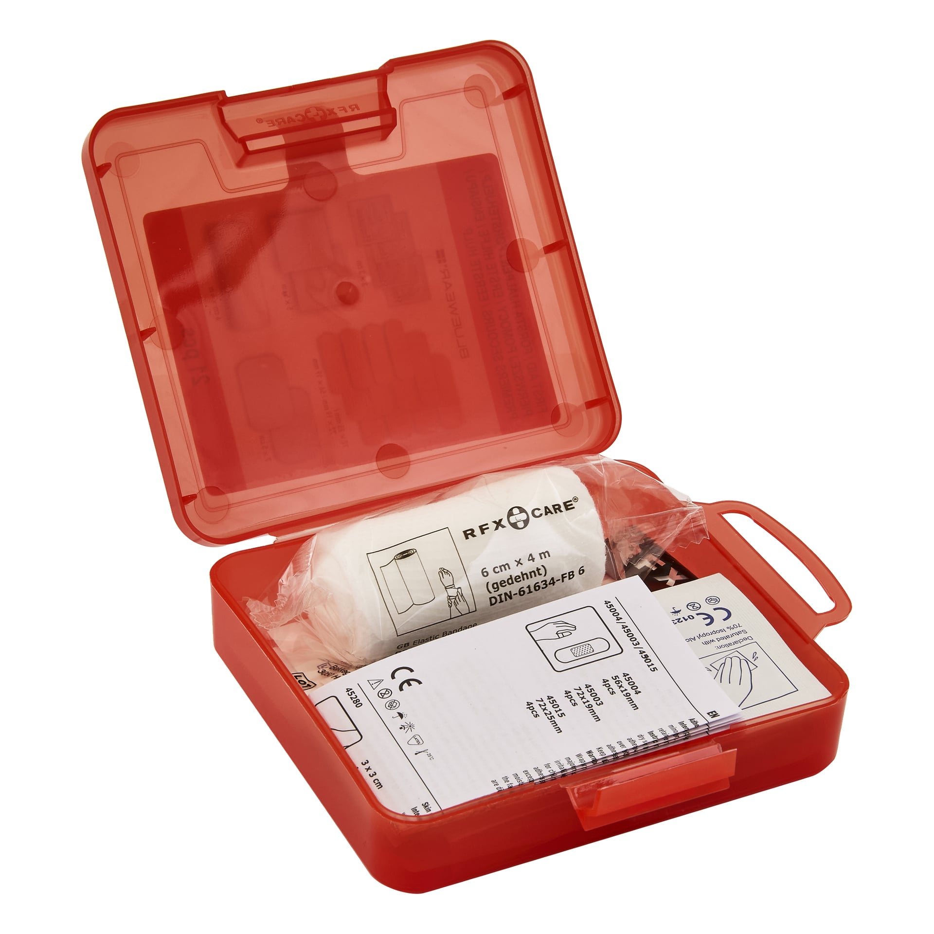 Öppna Bluewear First Aid Kit med 21 delar, som visar gasbinda, bandage och en instruktionsguide inuti det röda plastfodralet.