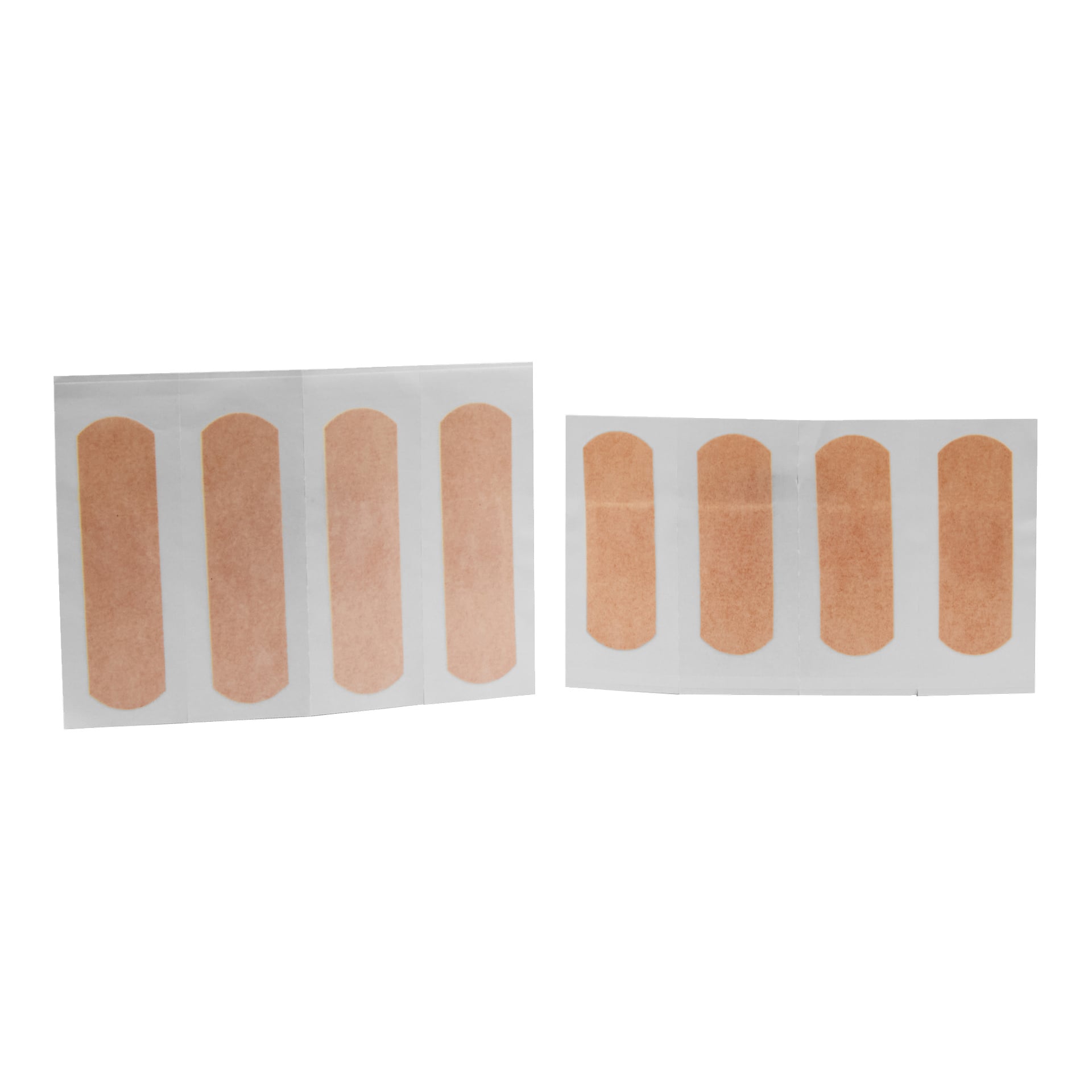 Två Bluewear First Aid kit-ark, vardera med fyra beige, rektangulära bandage med rundade kanter arrangerade vertikalt.
