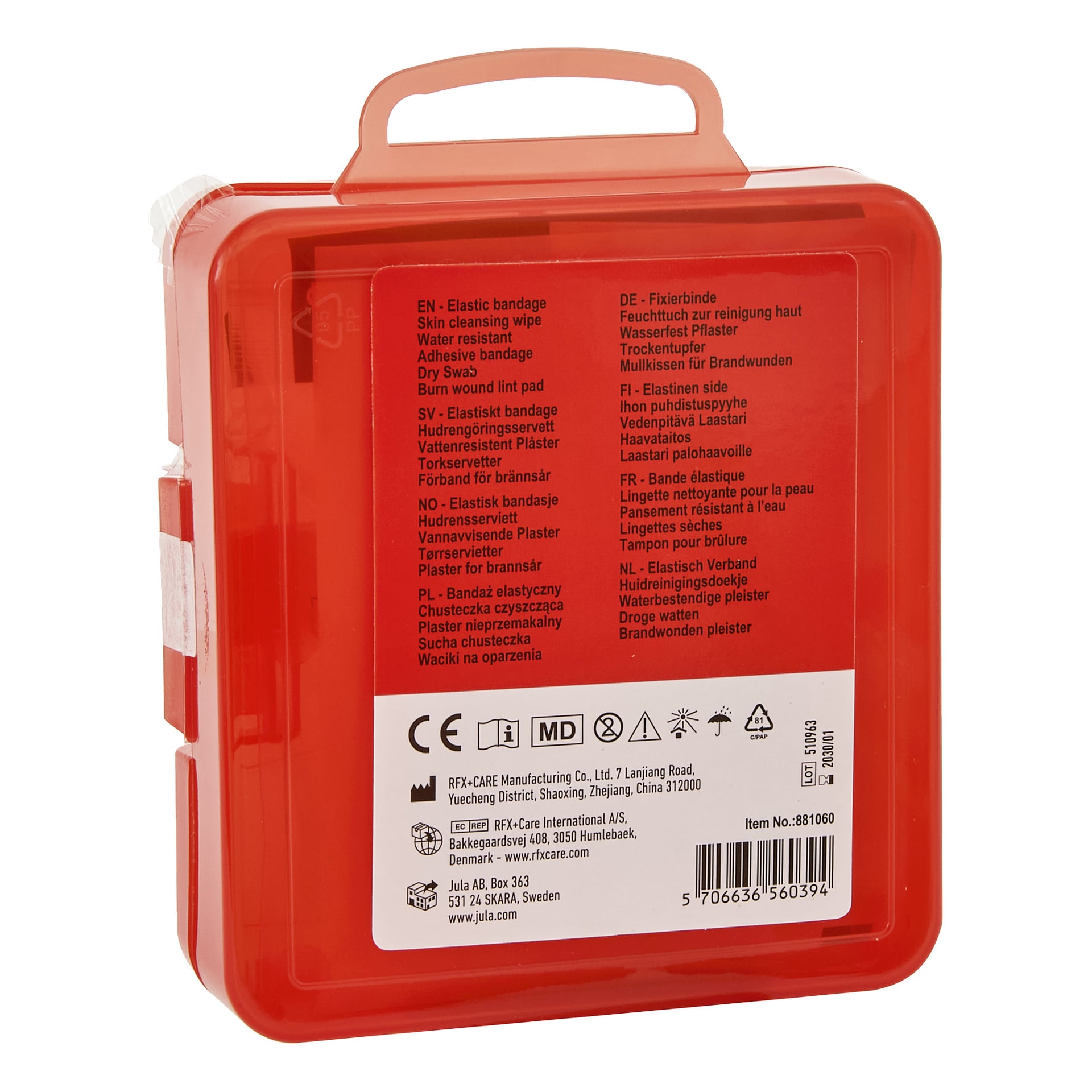 Ett rött Bluewear First Aid Kit (21 delar) fodral visar innehåll, instruktioner, produktinformation, symboler och en streckkod på baksidan.