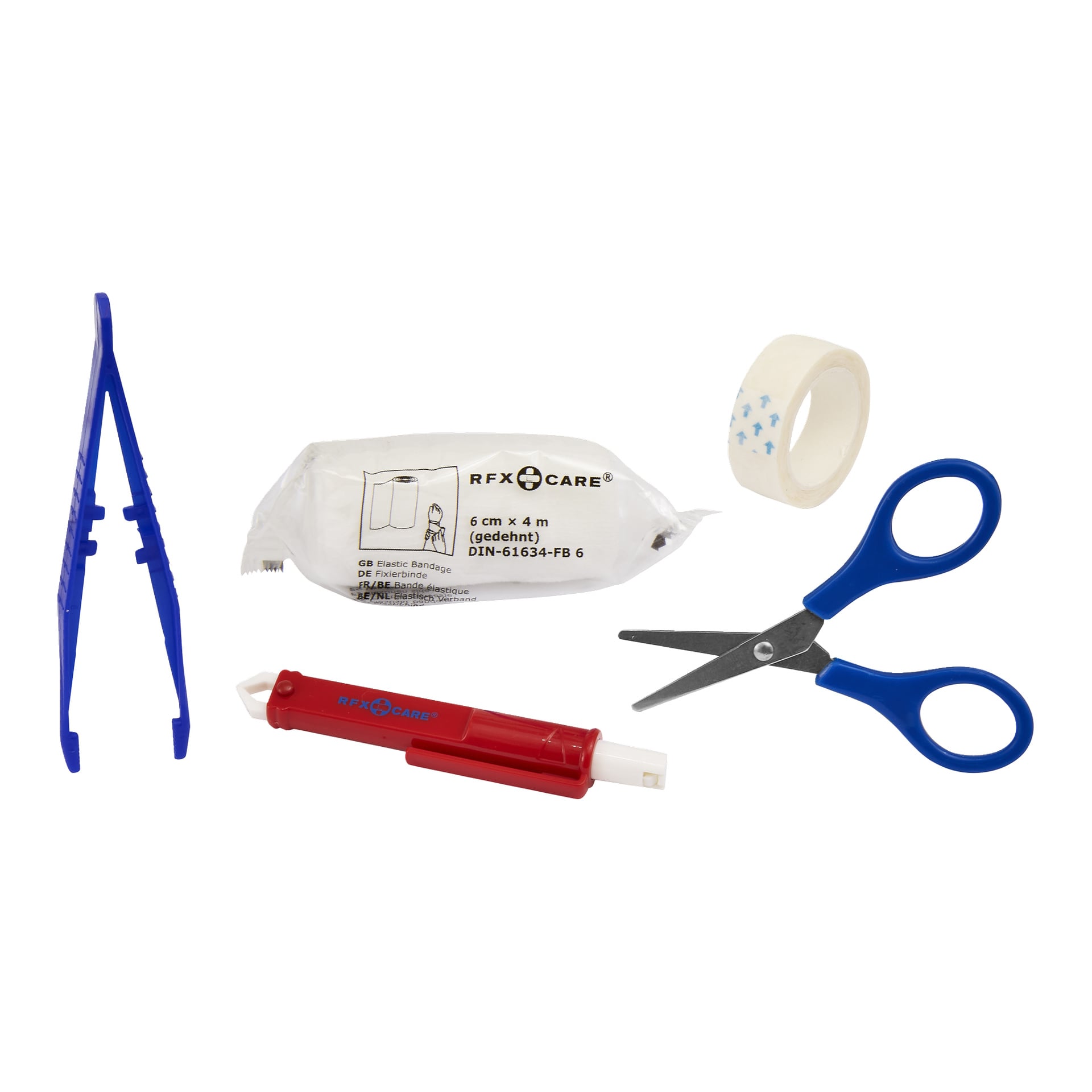 Bluewear First Aid Case (31 delar) innehåller blå pincett, elastiskt bandage, tejp, blå sax och ett rött verktyg.