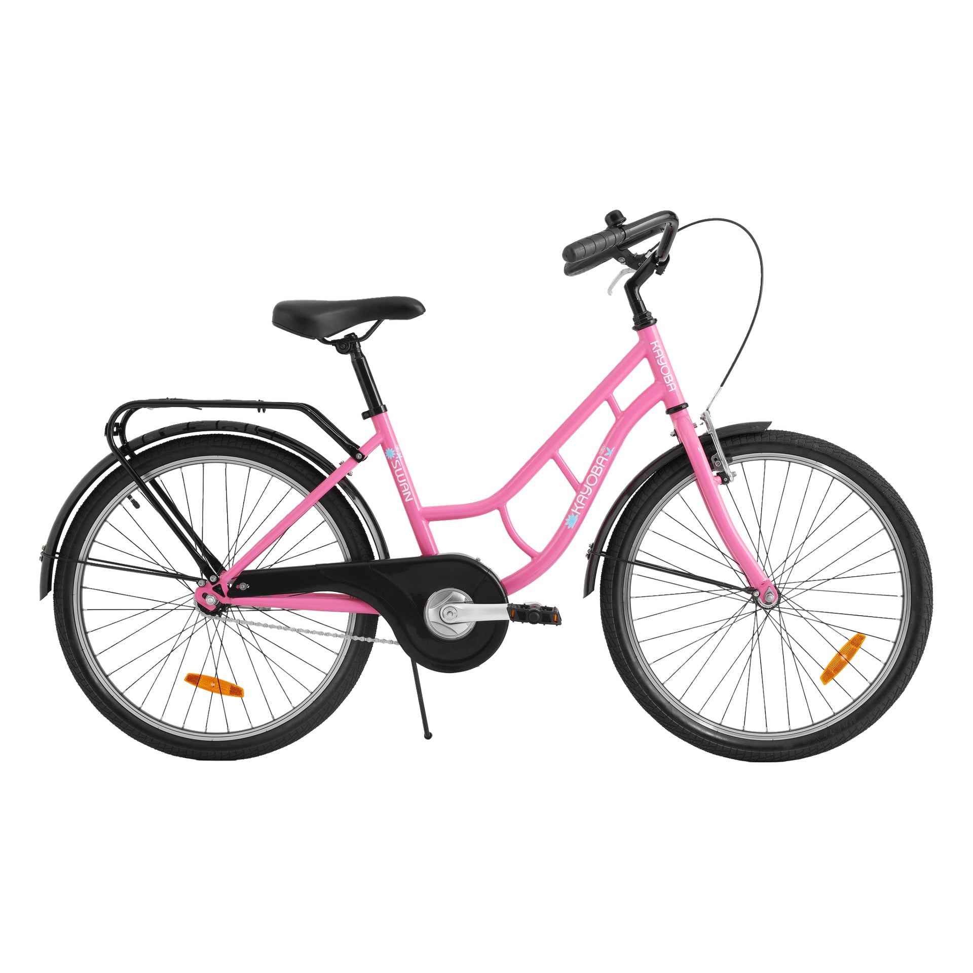 Kayoba barncykel med rosa step-through-ram, svart styre, sadel och hjul; skärmar, bakre pakethållare och reflektorer.