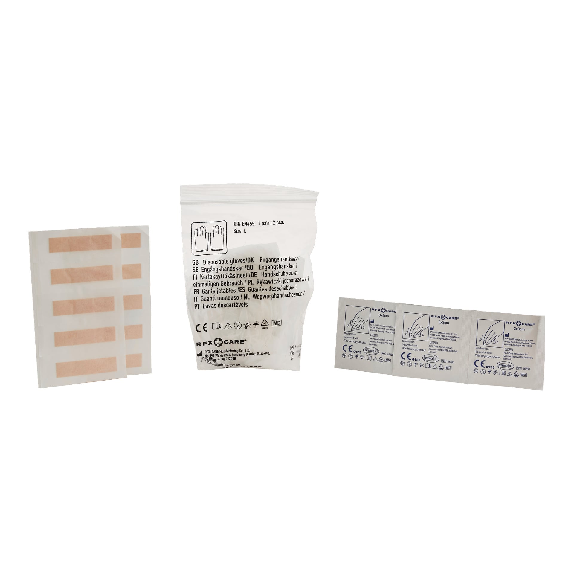 Bluewear First Aid Case 31 innehåller sex självhäftande bandage, engångshandskar i en förseglad förpackning och tre antiseptiska våtservetter.