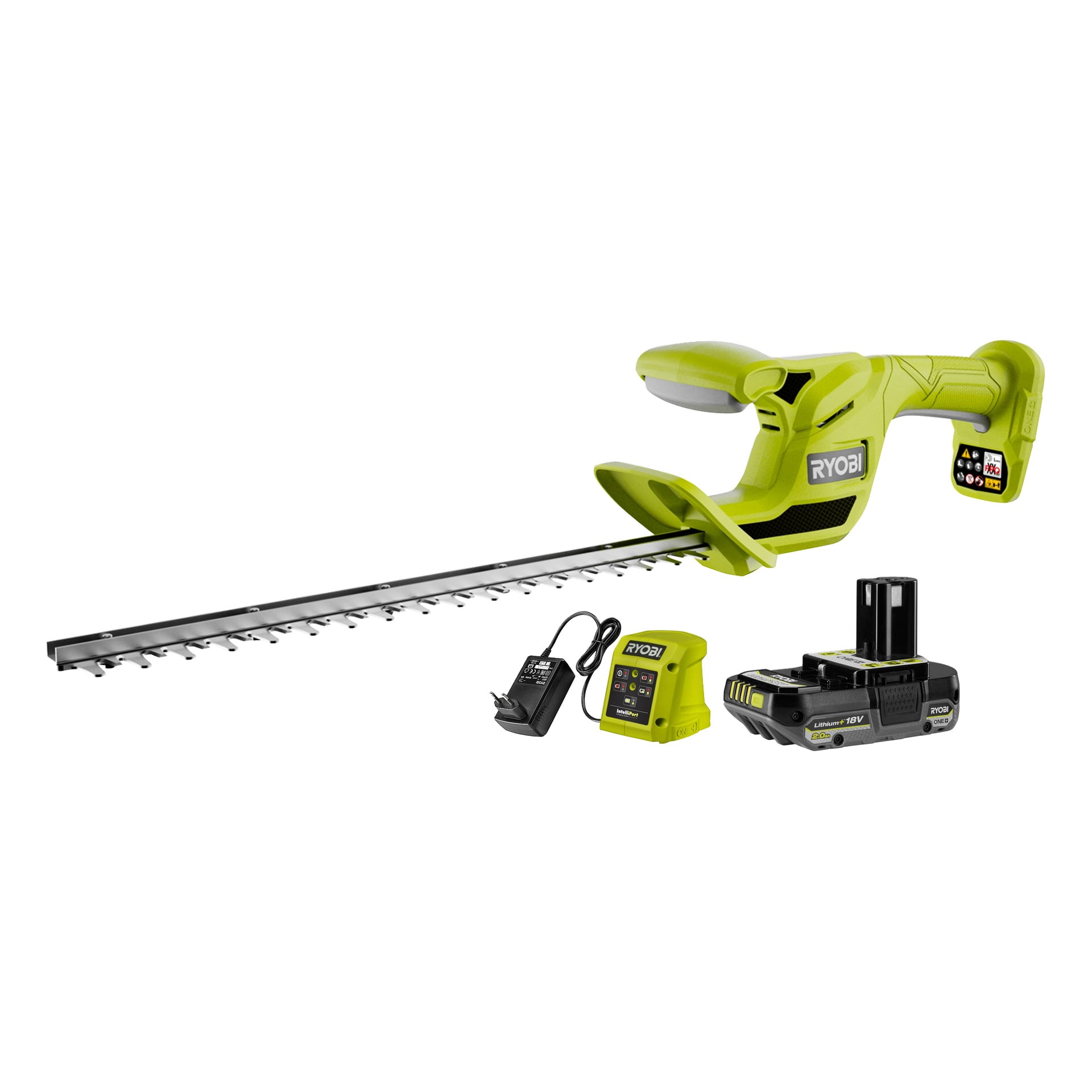 Vihreä Ryobi One+ RY18HT40BN-120 pensastrimmeri, jossa on pitkä terä, jossa on laturi, akkupaketti ja virtalähde edessä.
