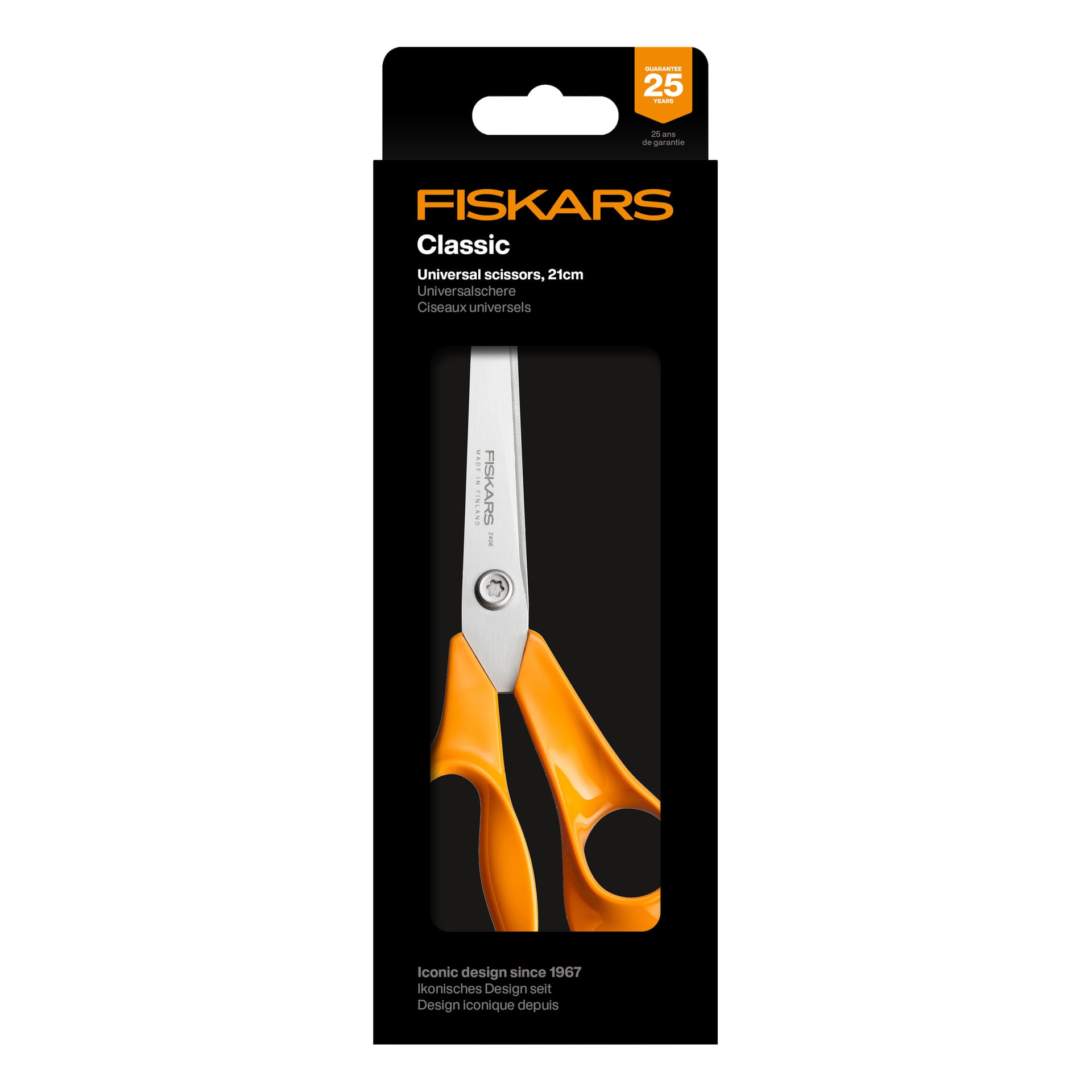 Nożyczki Fiskars, 21 cm, z pomarańczowymi uchwytami, są w czarnym opakowaniu z przezroczystym okienkiem oraz pomarańczowo-białym brandingiem i detalami.