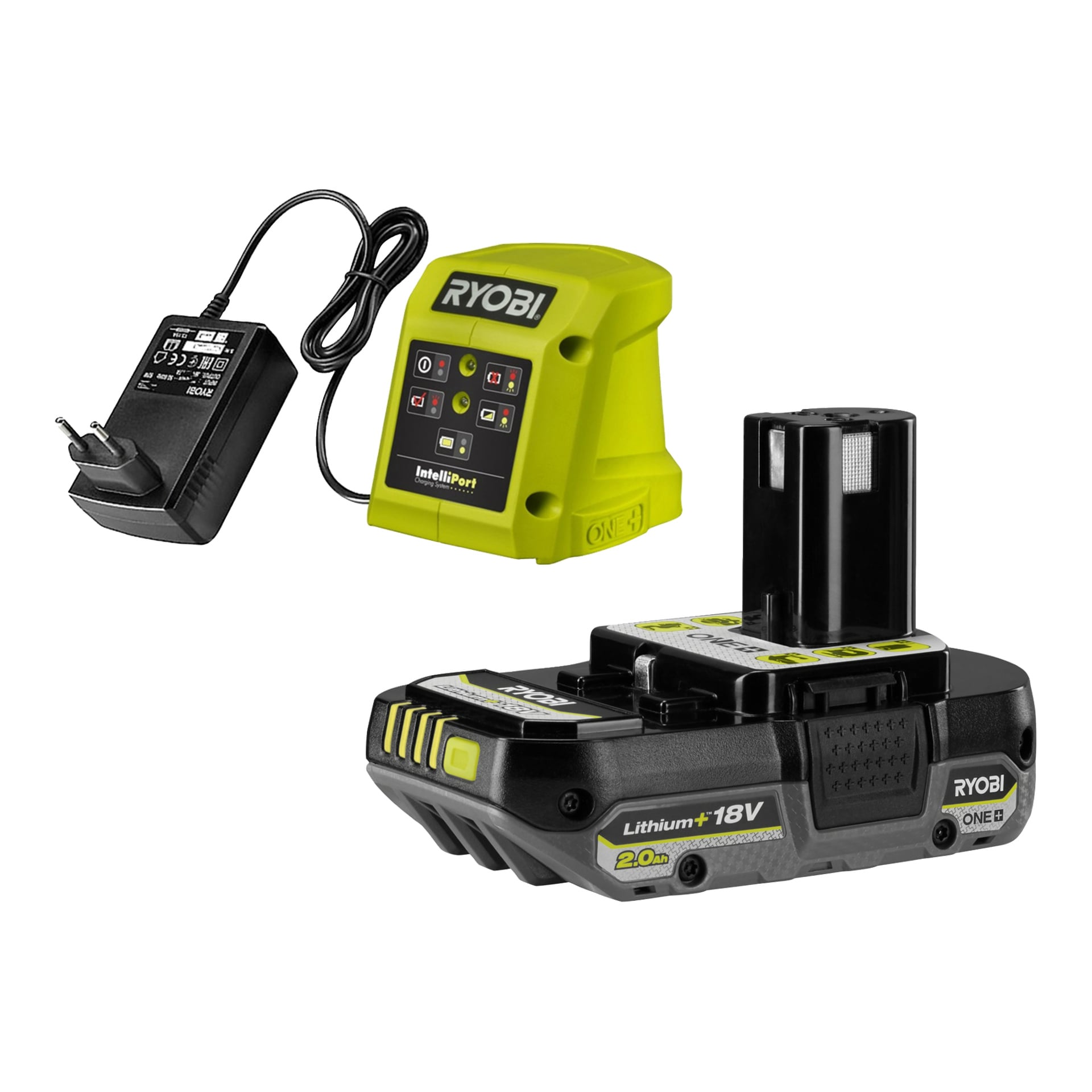 Ryobi One+ johdoton pensasleikkuri RY18HT40BN-120 sisältää keltamustan laturin, jossa on valot, adapteri ja 18V litiumioniakku.