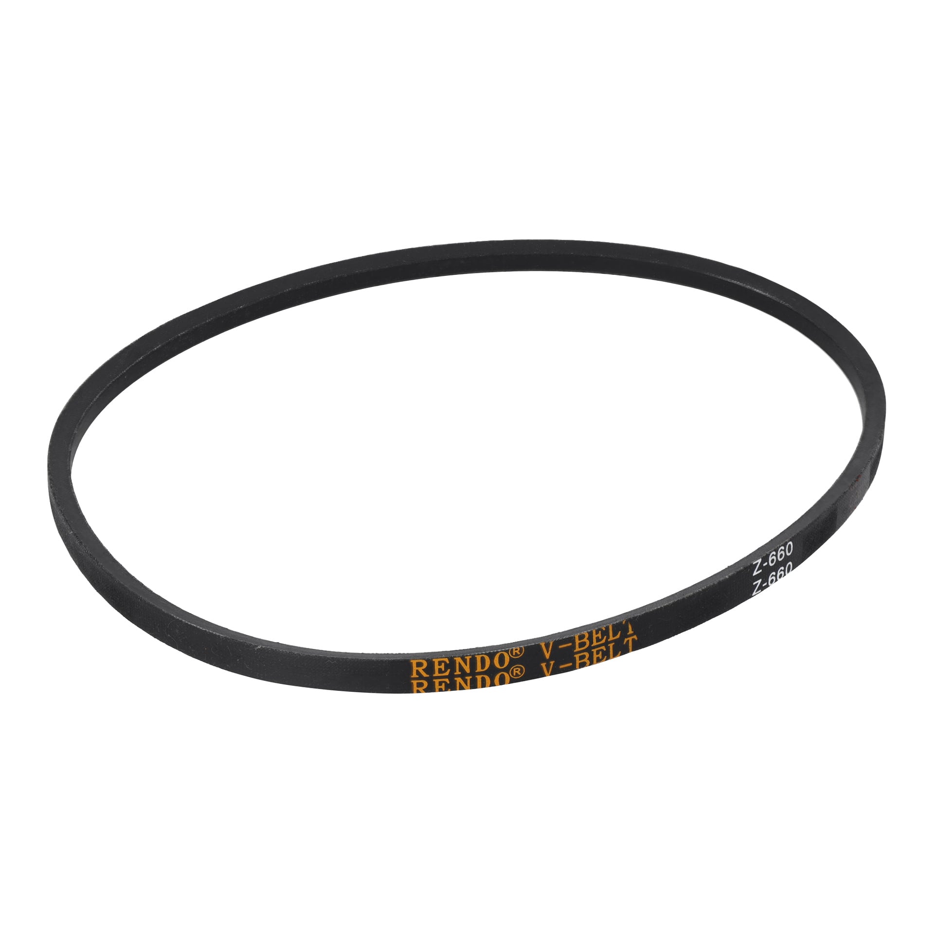 En svart gummi gressklipperdrivreim Z-660 med "RENDO V-BELT Z-660" i gul skrift på overflaten.