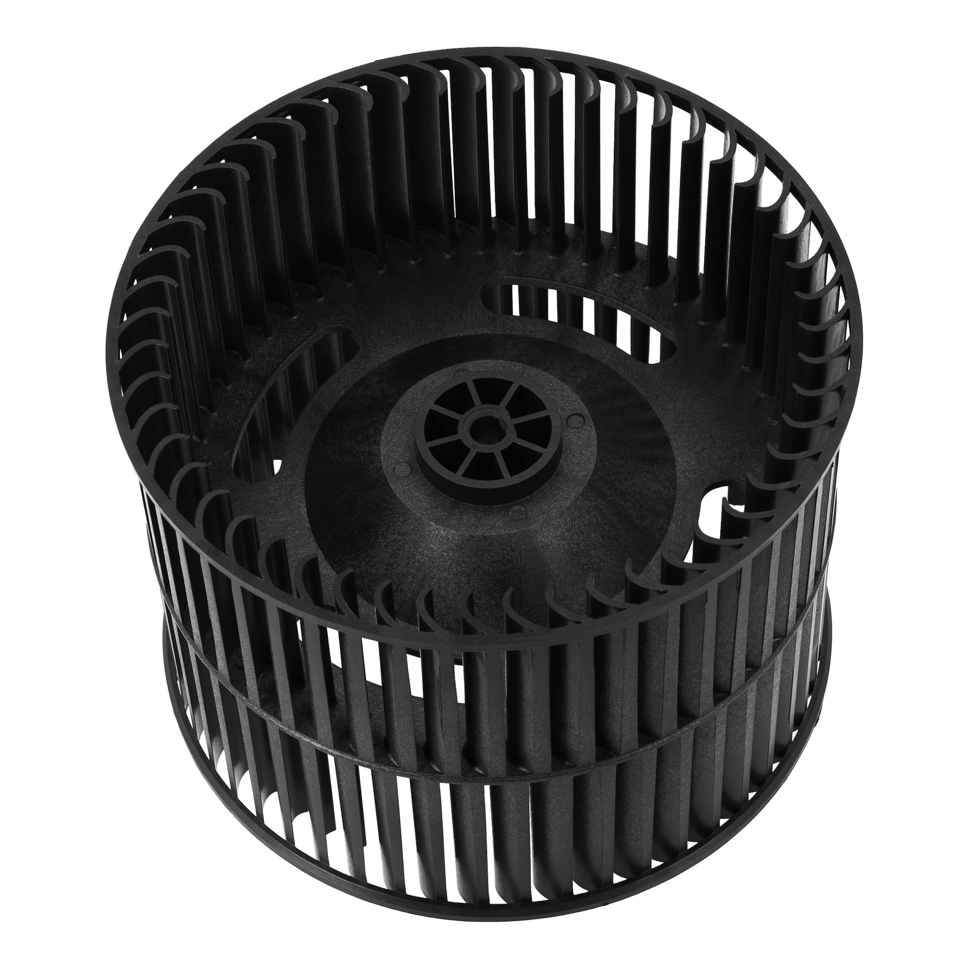 Ett svart plastfläkthjul med centralt nav och jämnt fördelade blad i en öppen cylindrisk form, sett uppifrån.