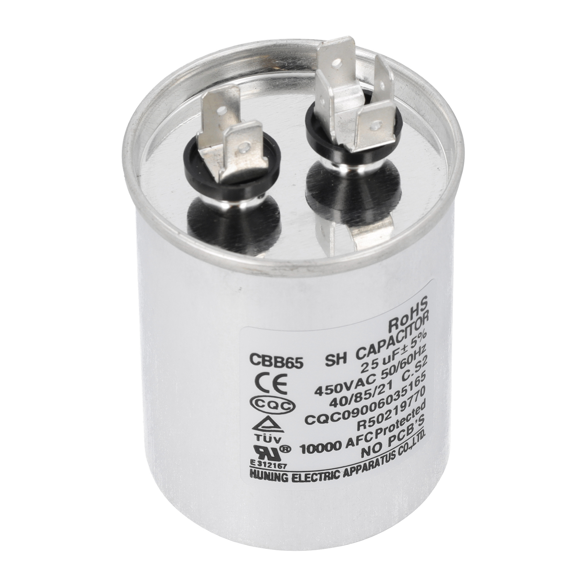 Silvercylindrisk 25uF-kondensator med två par toppterminaler; sidan markerad 25μF, 450V AC, CBB65.