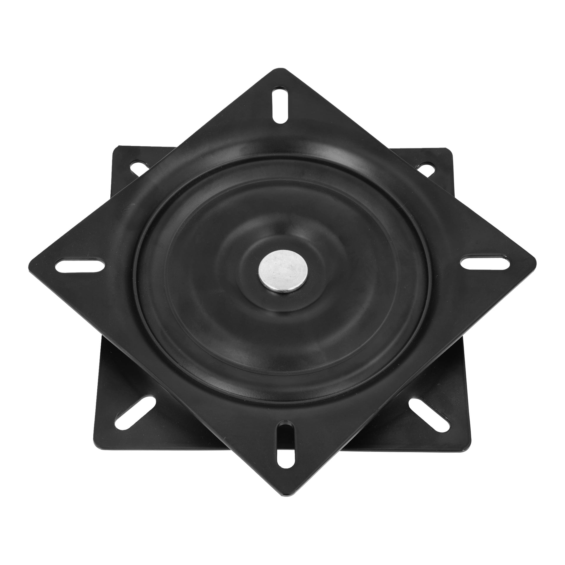 En svart metall Hamron Swivel Plate för båtsäten, med två fyrkantiga lager, cirkulära mittpunkter och fyra långa monteringshål.