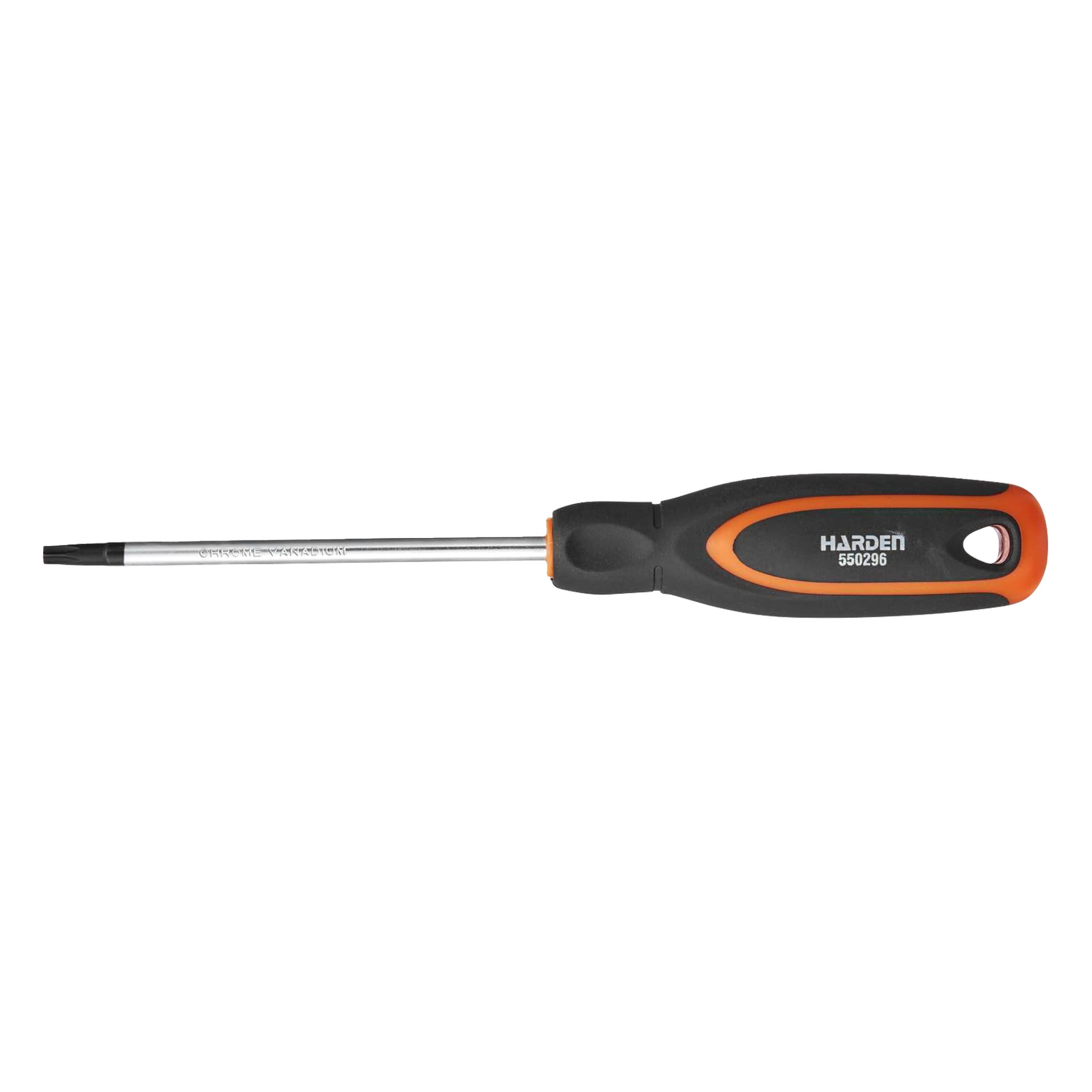 En skrutrekker med svart og oransje håndtak, metallskaft og Torx-stjerneformet spiss, merket Harden 550209 på håndtaket.