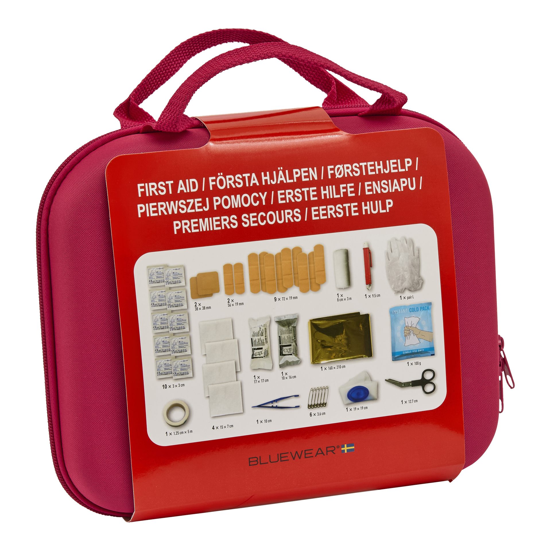 Ein roter Erste-Hilfe-Kasten mit einem Griff, der in mehreren Sprachen beschriftet ist. Das Set enthält unter anderem Verbände, antiseptische Tücher, Handschuhe, Klebeband, Scheren, Pinzetten, Sicherheitsnadeln und eine Wärmedecke.