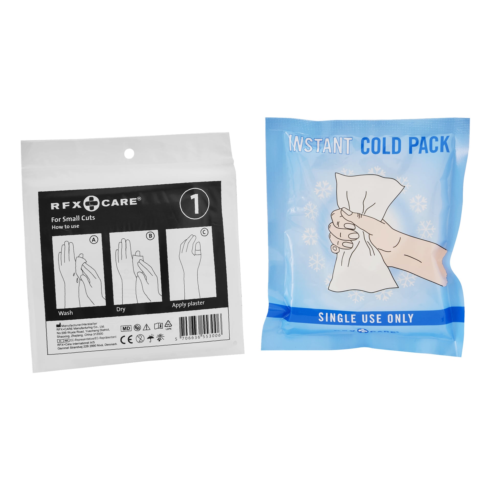 Po lewej stronie znajduje się zapakowany plaster samoprzylepny z ilustrowaną instrukcją, oznaczony RFX Care. Po prawej stronie znajduje się niebieskie opakowanie z napisem Instant Cold Pack, przedstawiające rysunek dłoni ściskającej zimny okład.