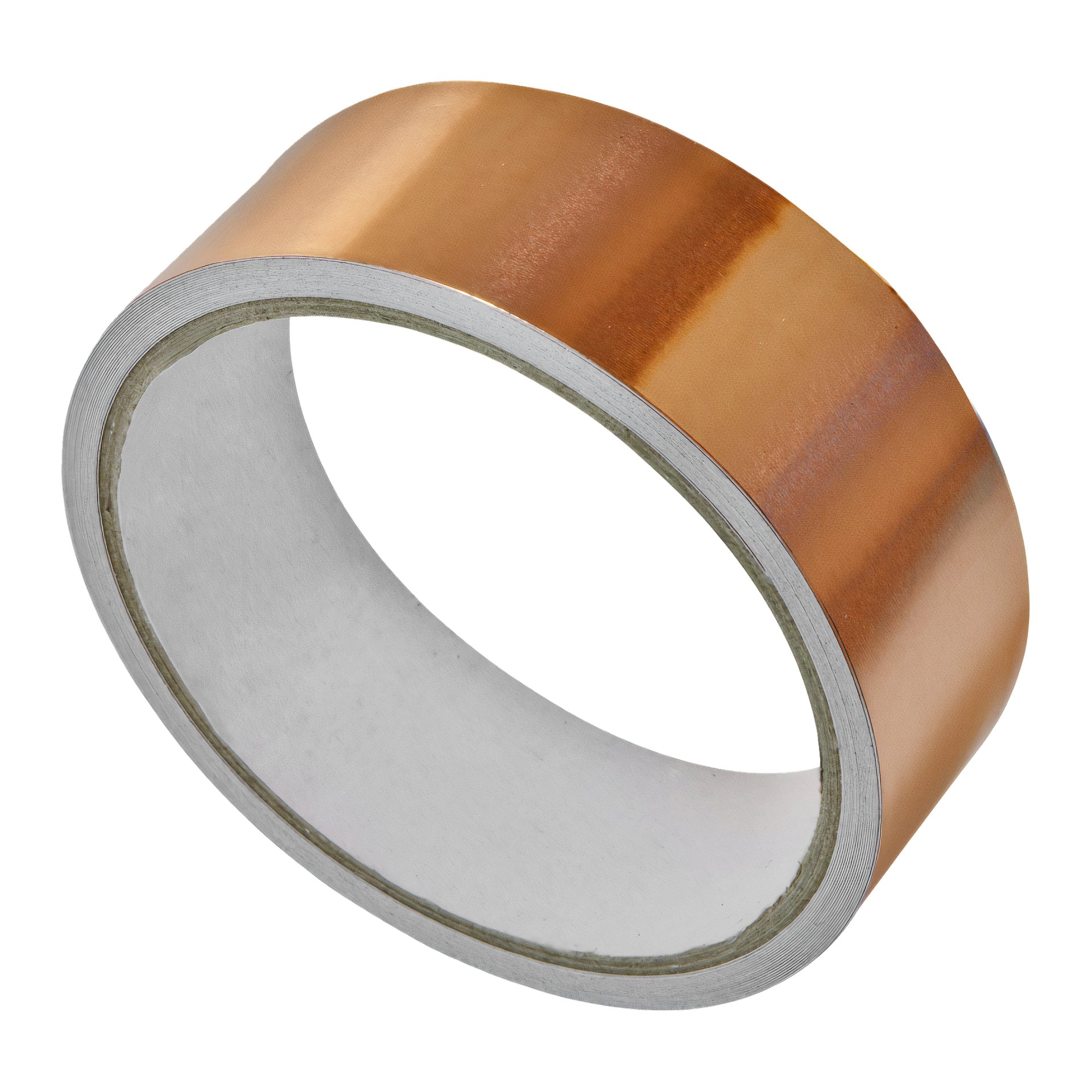 En rulle koppartejp med en metallisk kopparfinish på utsidan och en vit självhäftande baksida, mot en vit bakgrund.
