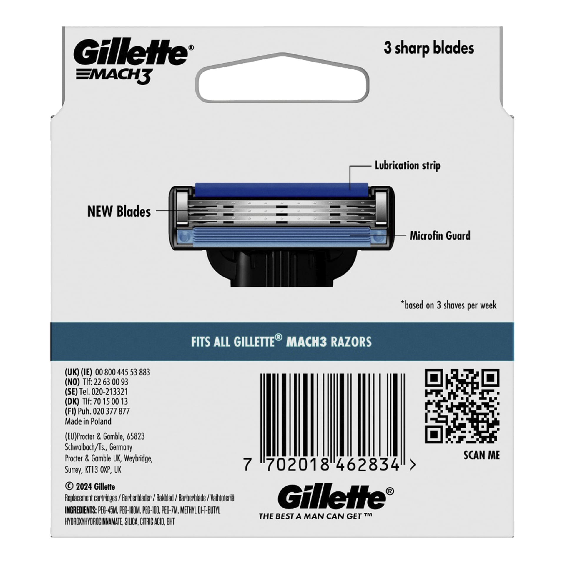 Baksidan av en förpackning med Gillette Mach3 rakblad visar rakhuvudet, märkningsfunktioner som "Lubrication strip", "Microfin Guard" och "3 sharp blades", tillsammans med en streckkod, QR-kod och produktinformation.