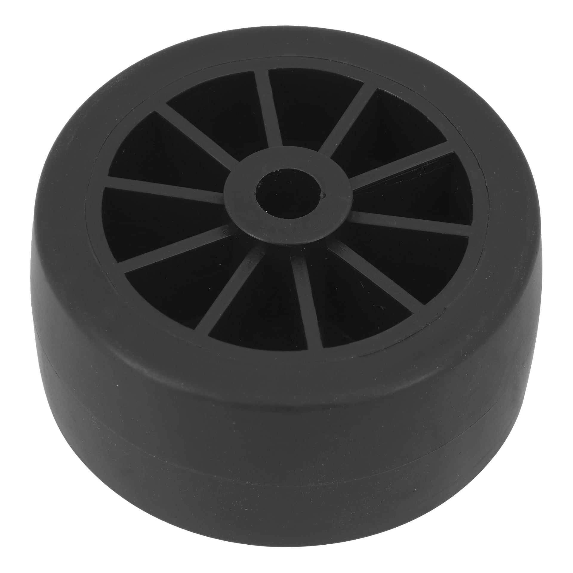 Front wheel sweeper er et svart plasthjul med solid felg og åtte jevnt fordelte eiker som strekker seg ut fra midtnavet.