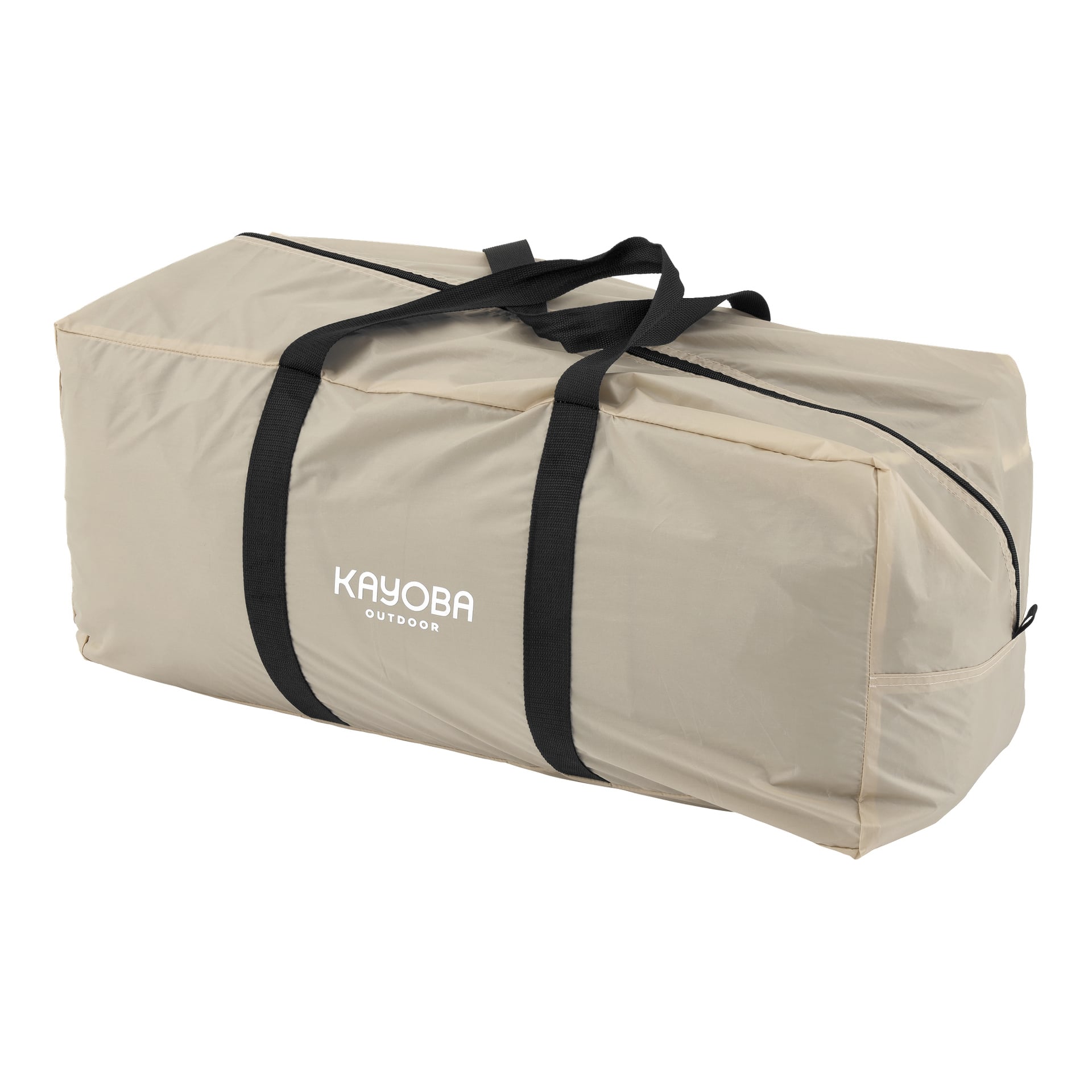 En beige rektangulär duffelväska med svarta handtag och dragkedja, med varumärket KAYOBA OUTDOOR på sidan.