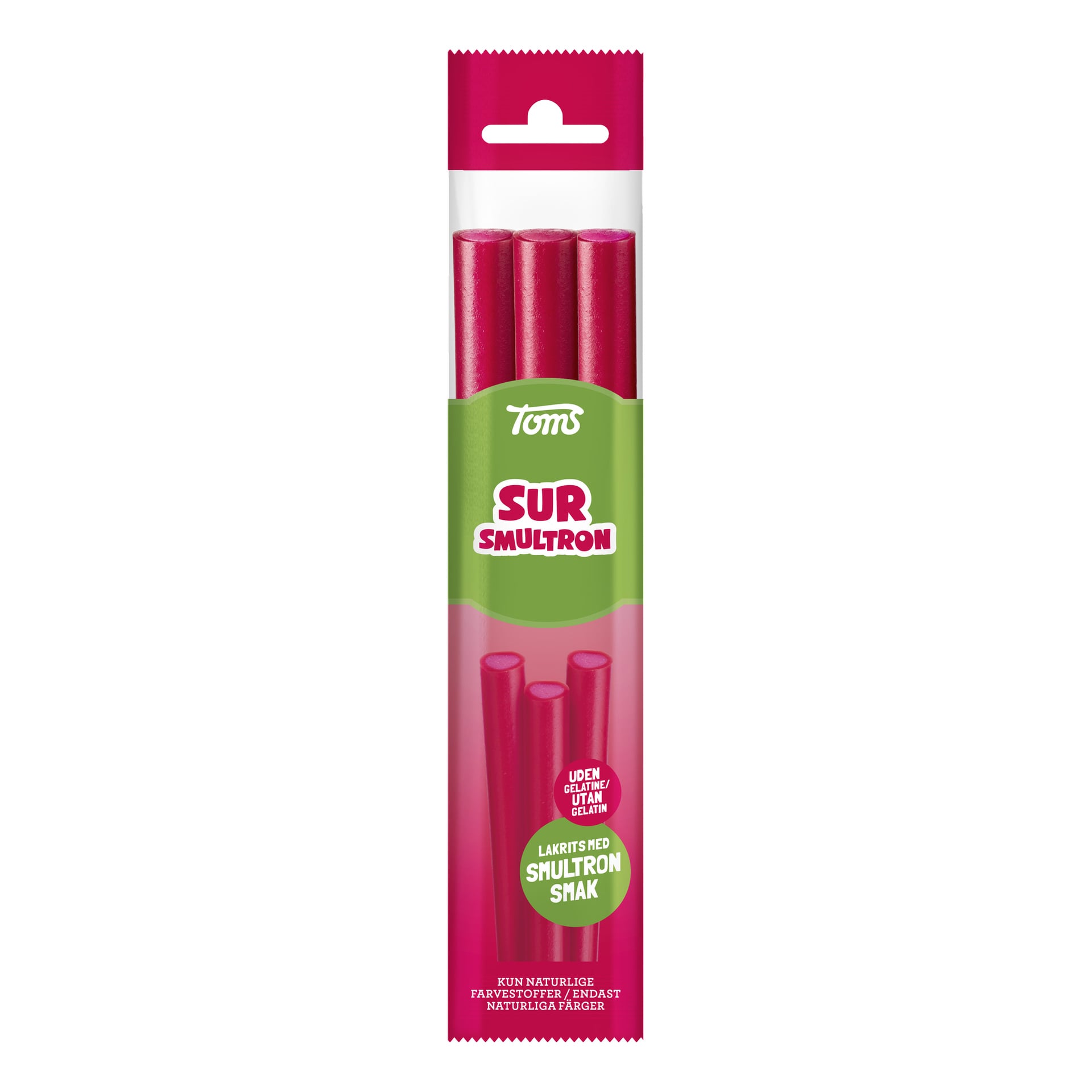 En förpackning med Toms SUR Smultron polkagrisar. Förpackningen är rosa och grön med tre röda polkagrisar och en text som framhäver att produkten är glutenfri, gelatinfri och har smak av smultron.