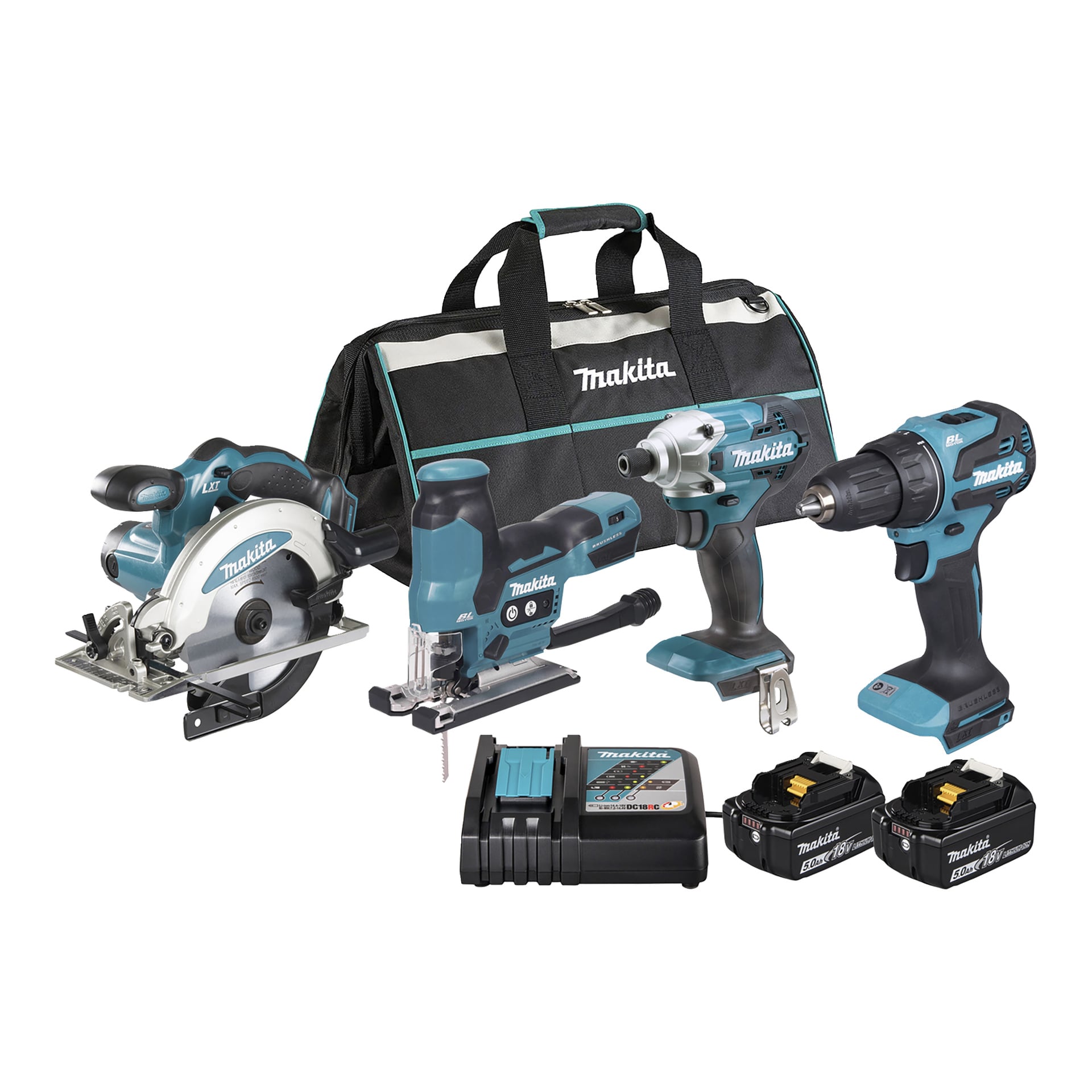 Makita-verktygsset med cirkelsåg, sticksåg, slagdragare, borrmaskin, två batterier, laddare och en svart-teal-påse med Makita-märke.