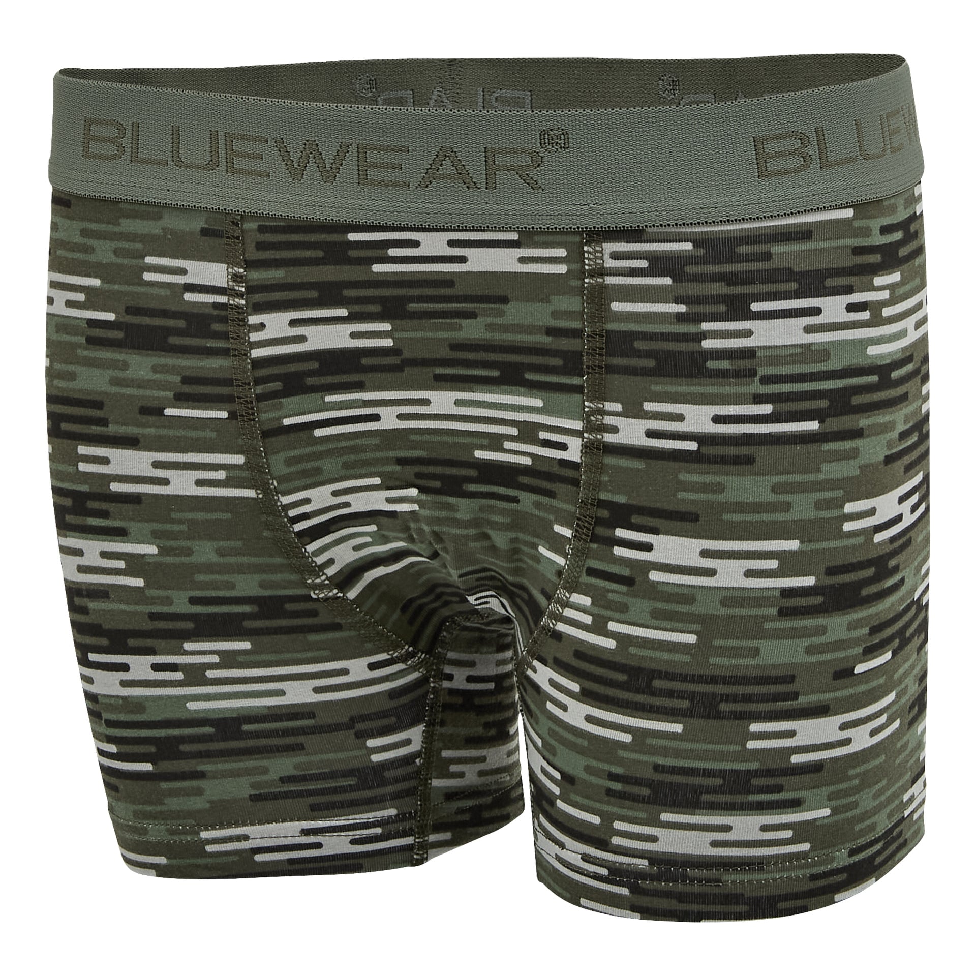 Ett par boxerkalsonger för män med ett grönt, grått och svart digitalt kamouflagemönster och en elastisk linning märkta BLUEWEAR.