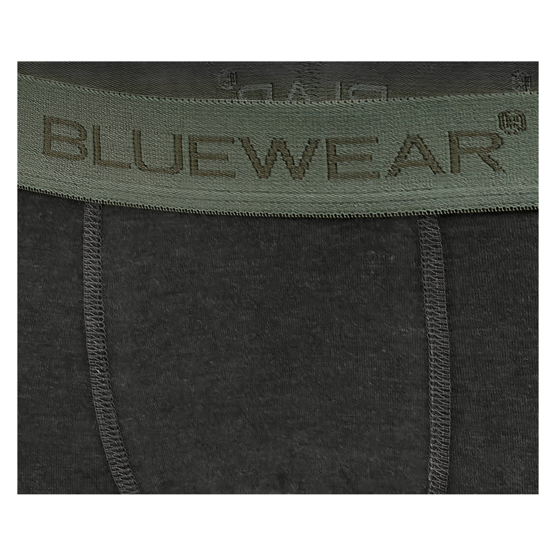 Nærbilde av et par mørkegrå underbukser med grønn linning og ordet BLUEWEAR i store bokstaver. Vertikale sømmer er synlige på stoffet.