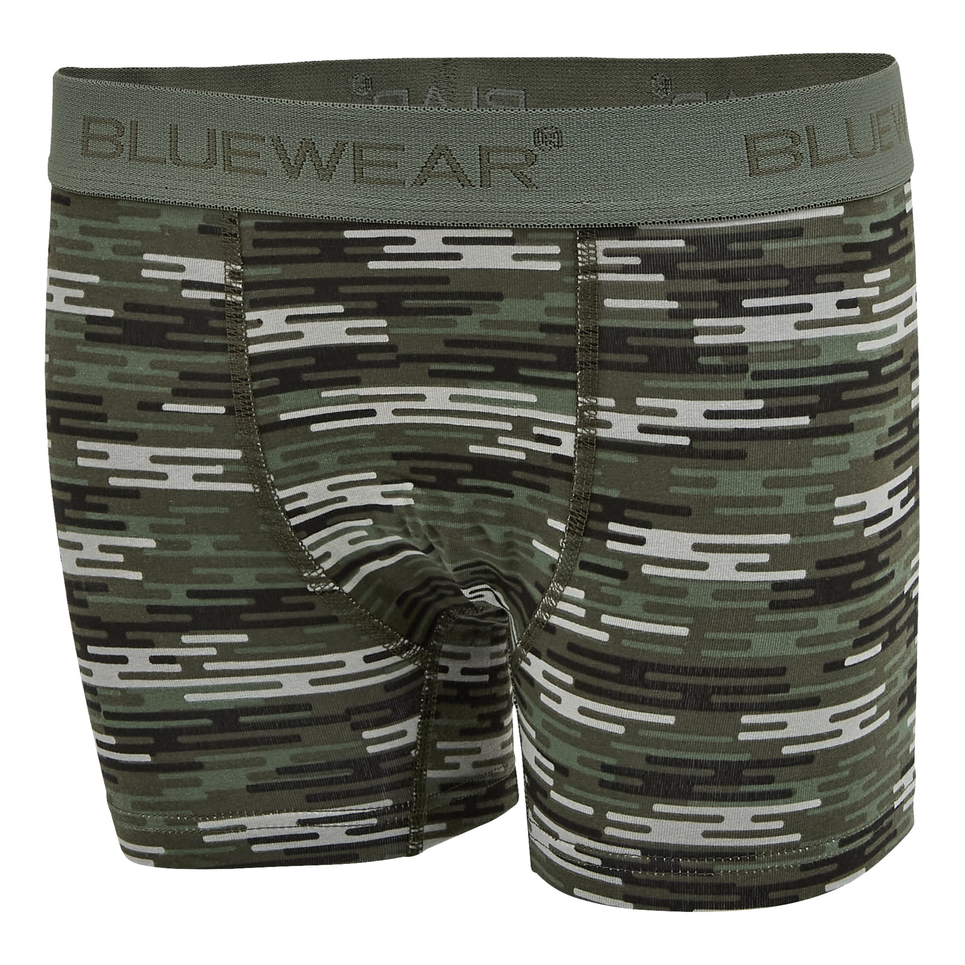 Ett par boxerkalsonger för herrar med grönt, svart och grått kamouflagemönster och en bred elastisk linning märkta BLUEWEAR. Tyget har synliga sömmar på framsidan och sidorna.