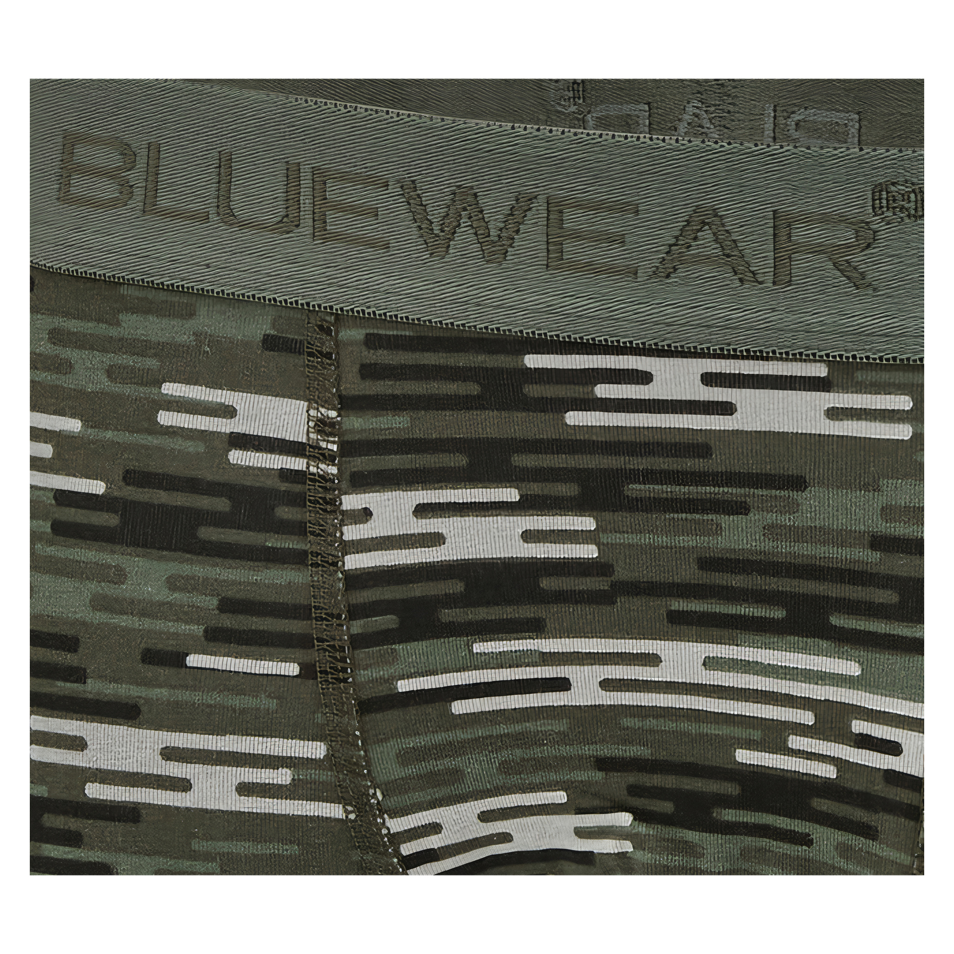 Närbild på grönt och svart mönstrat tyg med ordet BLUEWEAR på linningen, vilket tyder på att det rör sig om ett par underkläder eller shorts.